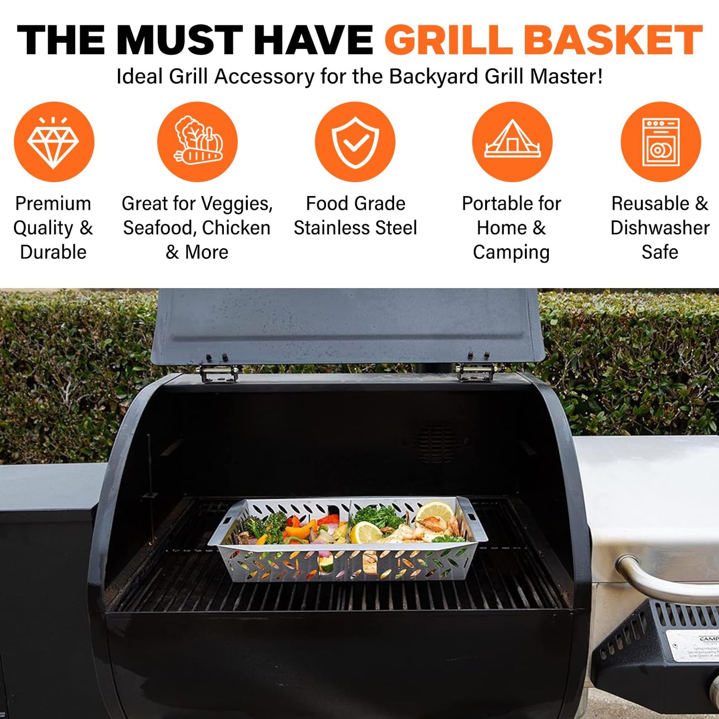 Proud Grill UltraVersatile Stainless Steel Grill Basket - Large BBQ Grill Basket for Grilling Vegetables. Detachable Handle and Movable dividers. Perfect Grill Accessory to Grill Veggies, Fish, Meat.