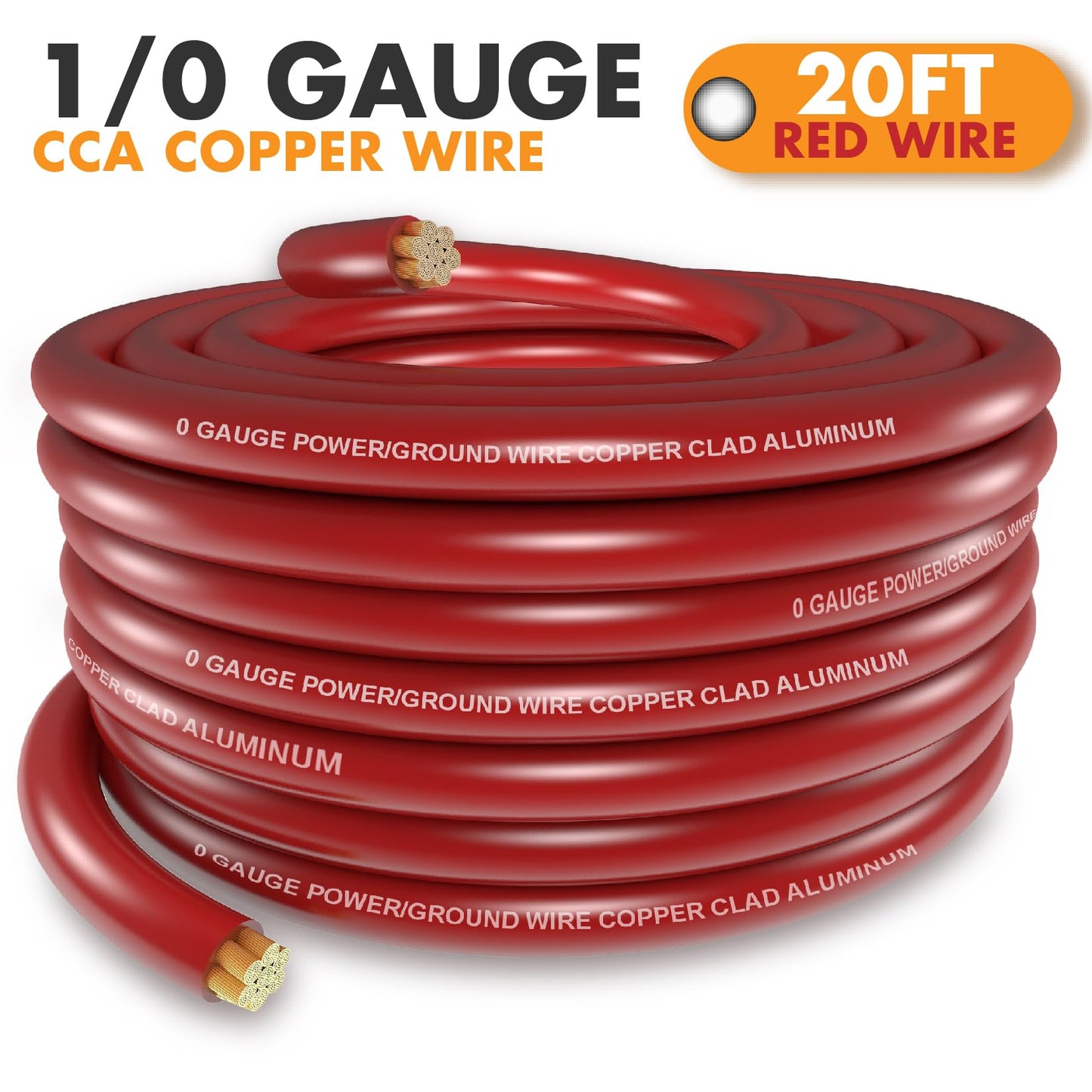 1/0 Gauge Wire Copper Clad Aluminum CAA Car Amplifier Power & Ground Cable，Primary Automotive Wire, Battery Cable, Car Audio Speaker Stereo with Lugs Terminal Connectors and Heat Shrink Tube 20FT Red