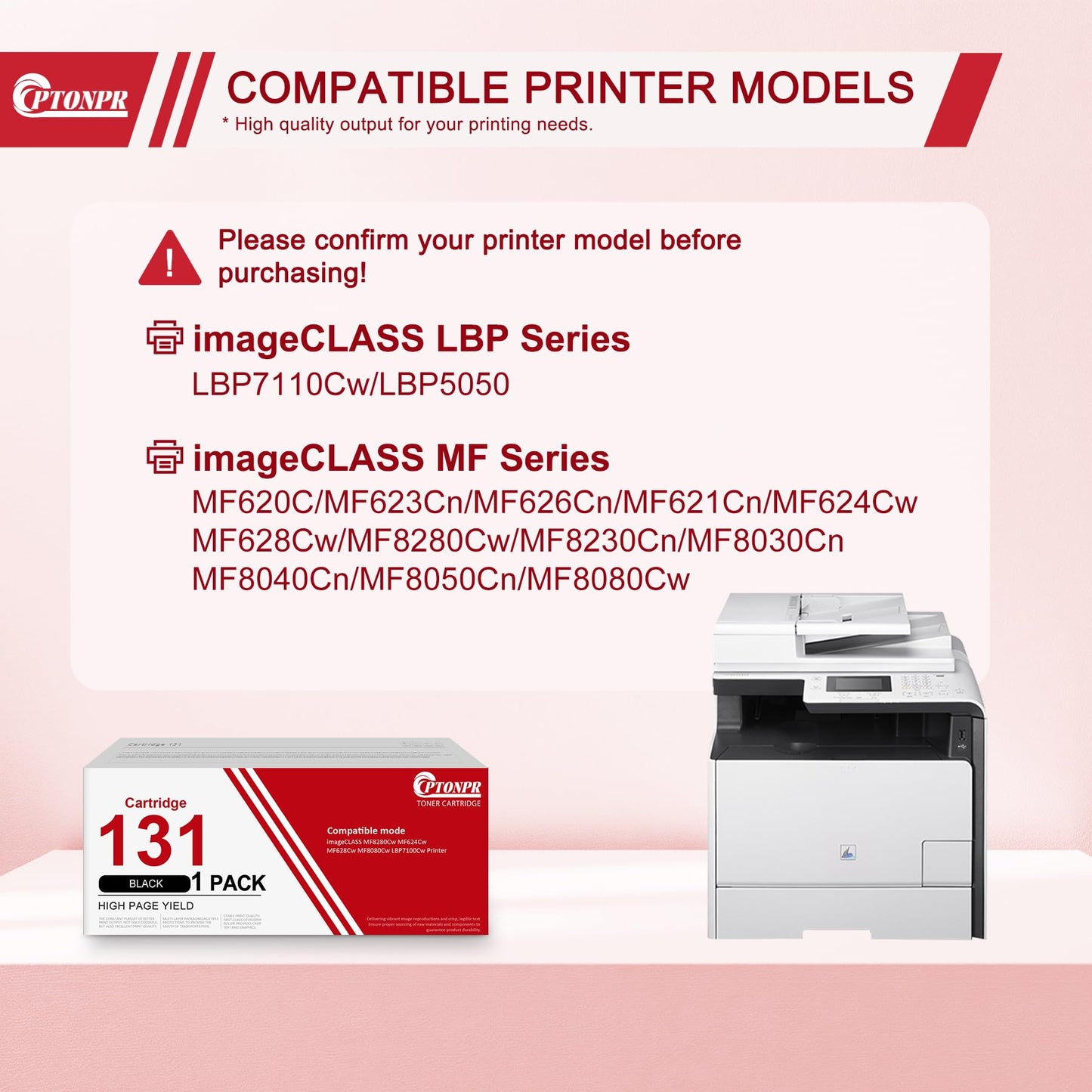 PTONPR 131 Toner Cartridge 1 Pack Replacement for Canon 131 131H CRG131 Toner MF624Cw MF8280Cw MF628Cw LBP7110Cw MF8230Cn MF8080Cw Printer Black