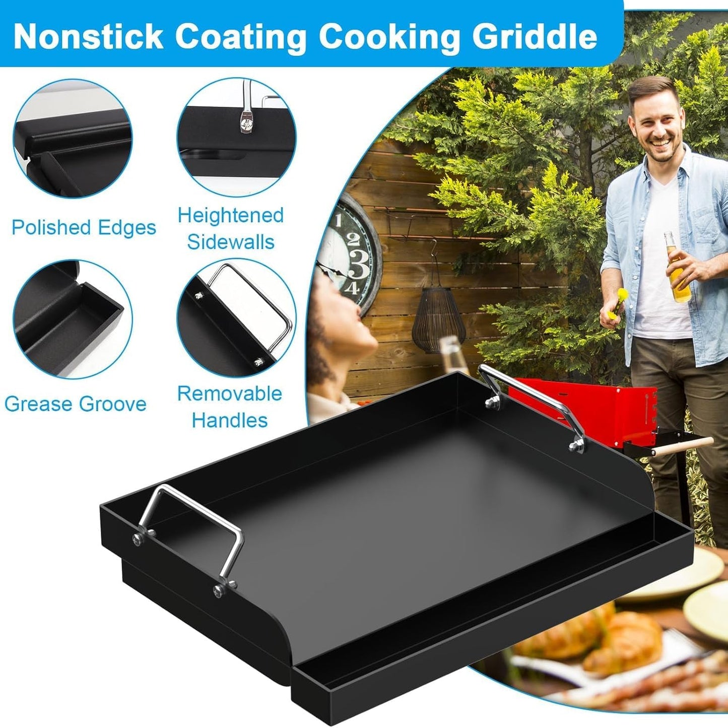17" x 13" Nonstick Grill Griddle for Most Gas Grills, Universal Flat Top Griddle for Charcoal/Gas Stove, Cooking Griddle Plate with Removable Handles & Grease Groove for Camping,Tailgating,Parties