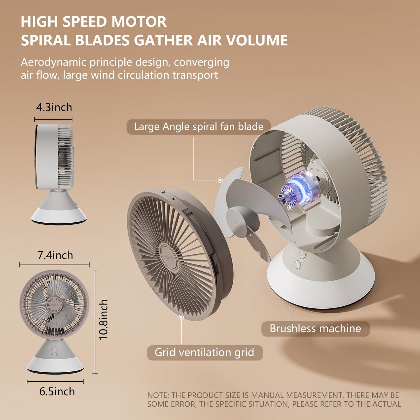 CIBAILbasr Small Desk Fan for Bedroom,10 Inches Portable Electric Table Air Circulation Fan,USB-C Rechargeable Powerful with 3 Speed 360° Adjustable Tilt for Whole Room (Gery)