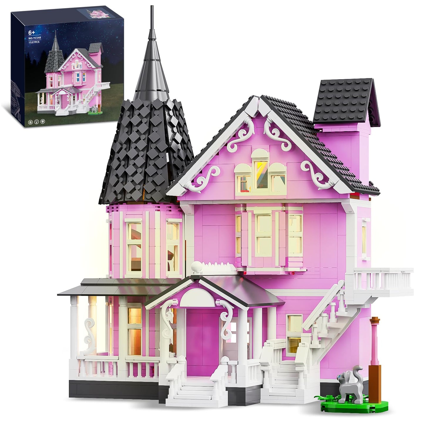 Pink Girls House Building Set with Light, Haunted House Construction Building Toys, Architecture Building Kit for Adults, Halloween for Boys Kids 8-12 (1537 PCS)