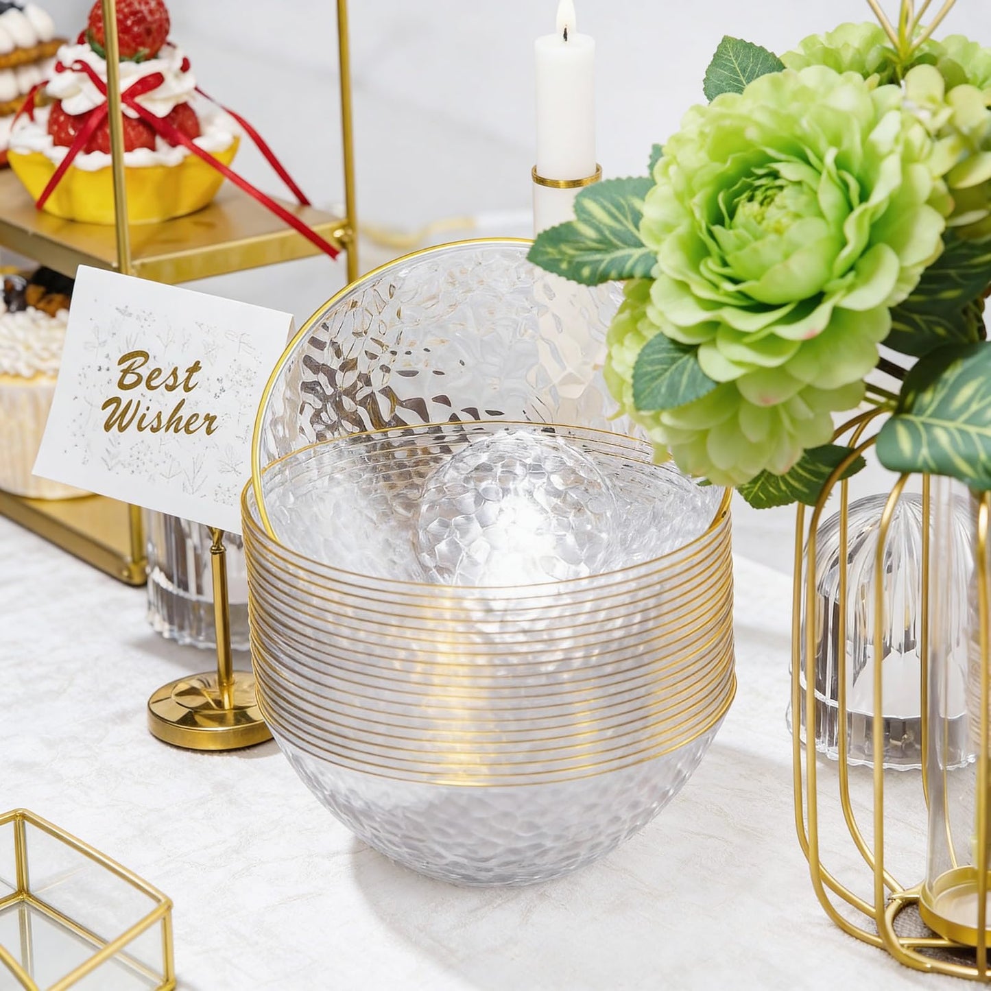 Tinybee 30PCS Clear Bowls with Gold Rim-16oz disposable Bowls