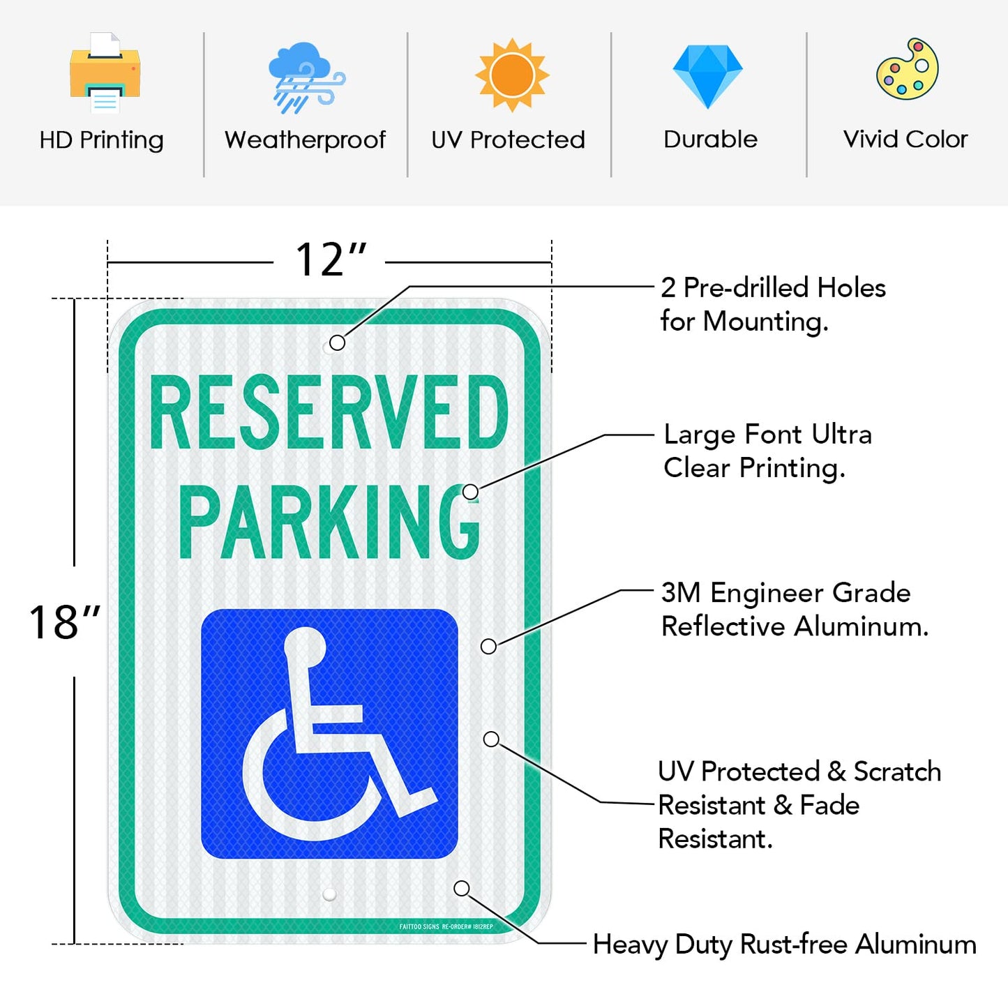 (2 Pack) Reserved Parking Sign, Handicap Parking Sign, with Picture of Wheelchair Sign, 18 x 12 Engineer Grade Reflective Sheeting Rust Free Aluminum, Weather Resistant, Waterproof, Durable Ink
