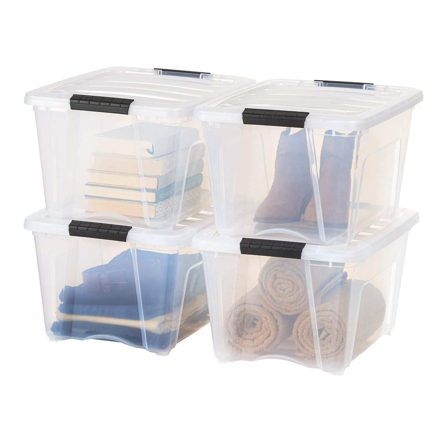 IRIS USA 30 L Plastic Storage Box with Lid and Latches - 4 Pack - BPA-Free, See-Through Organizing Solution, Durable Nestable Stackable Containers, Secure Pull Handle - Clear