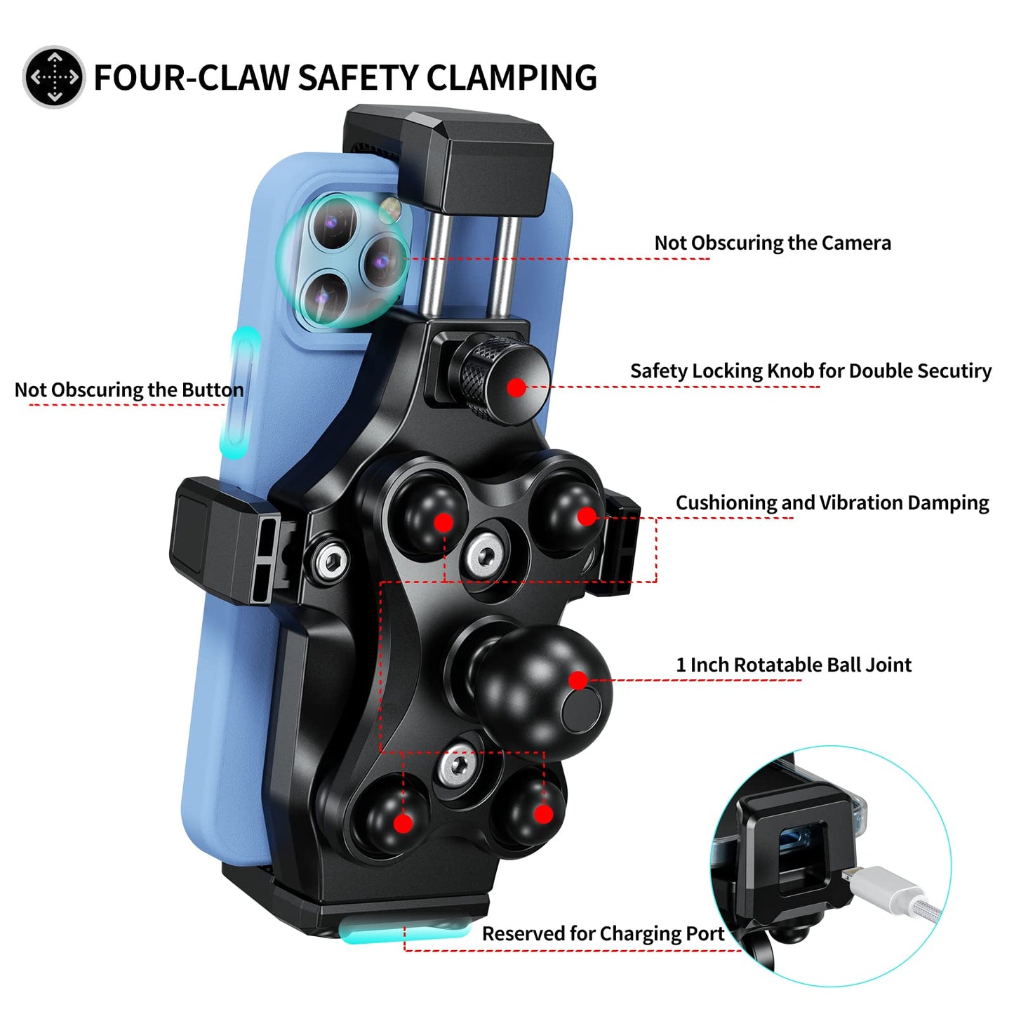 iMESTOU Motorcycle Fork Stem Phone Mount, Anti-Vibration 1" Ball Phone Holder with Anti-Theft Double Socket Arm & Fork Base Suitable for BMW, Yamaha...Motorcycles, Fits for 4.7"-7.2" Cellphones