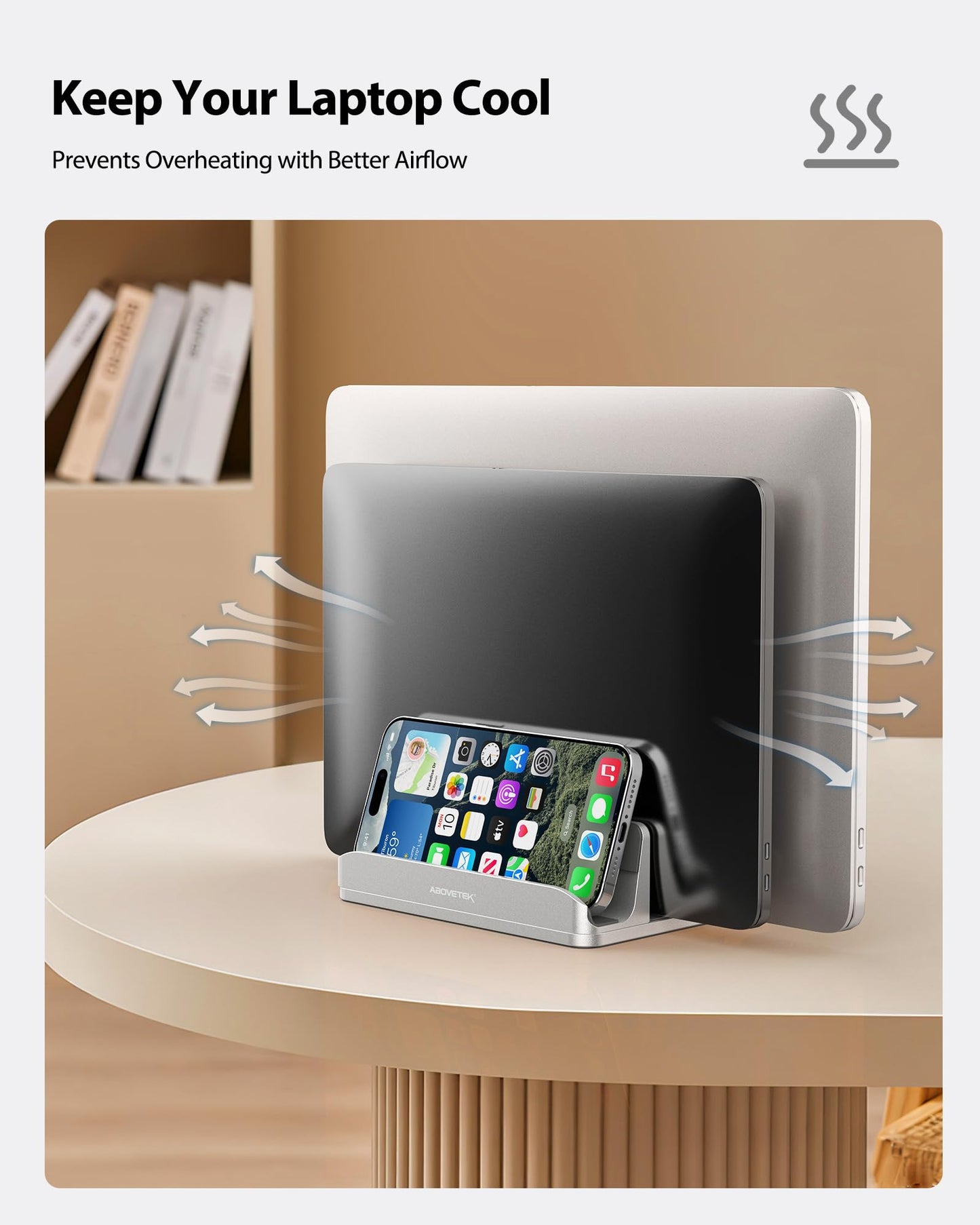 Vertical Laptop Stand - AboveTEK - 3 Slots for Computer, Tablet, Phone - Fits All Laptop Models (up to 17.3") - Heavy Duty Polished Aluminum Desktop Holder - Anti Slide Silicone Grips - Silver