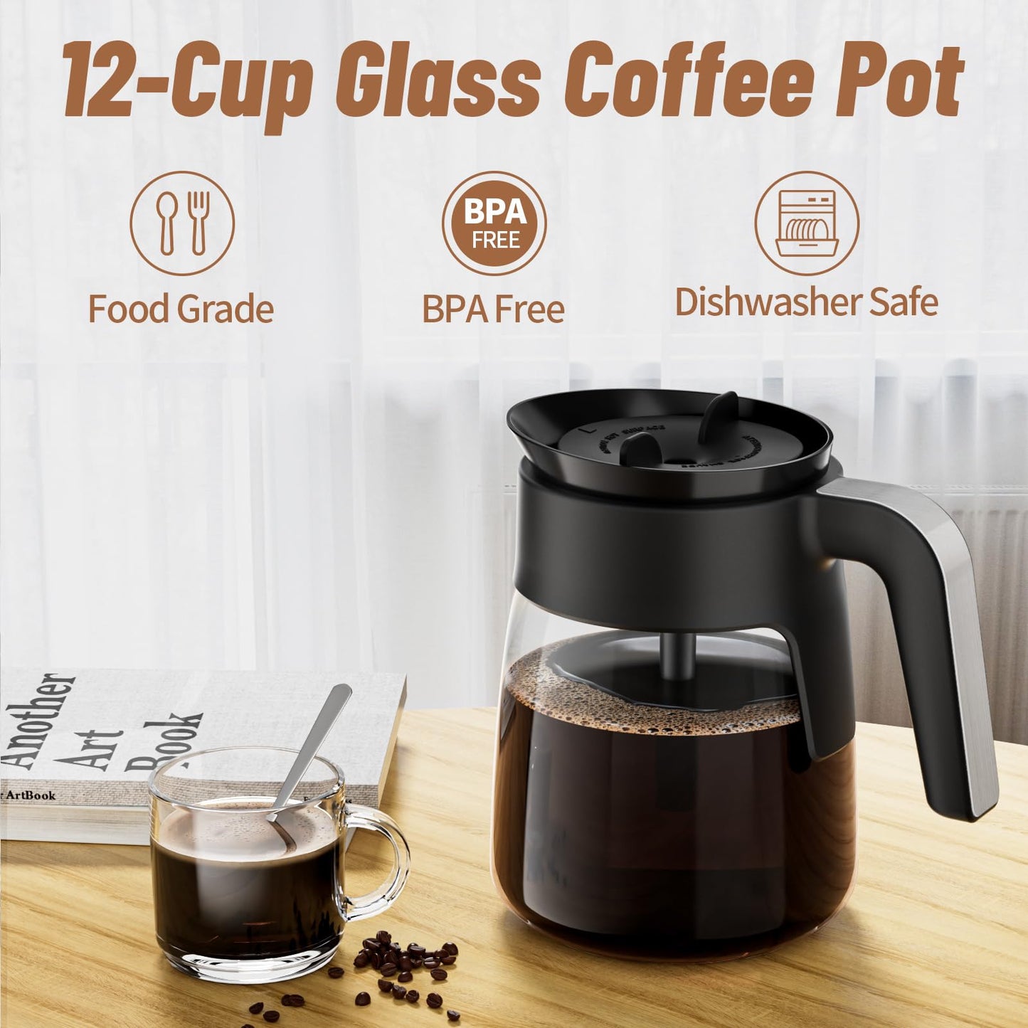 12 Cup Ninja Coffee Pot Replacement for CFP101 CFP201 CFP250A CFP300 CFP301 CFN601 CFP307, Glass Carafe With Brew-Through Lid and Sturdy Handle