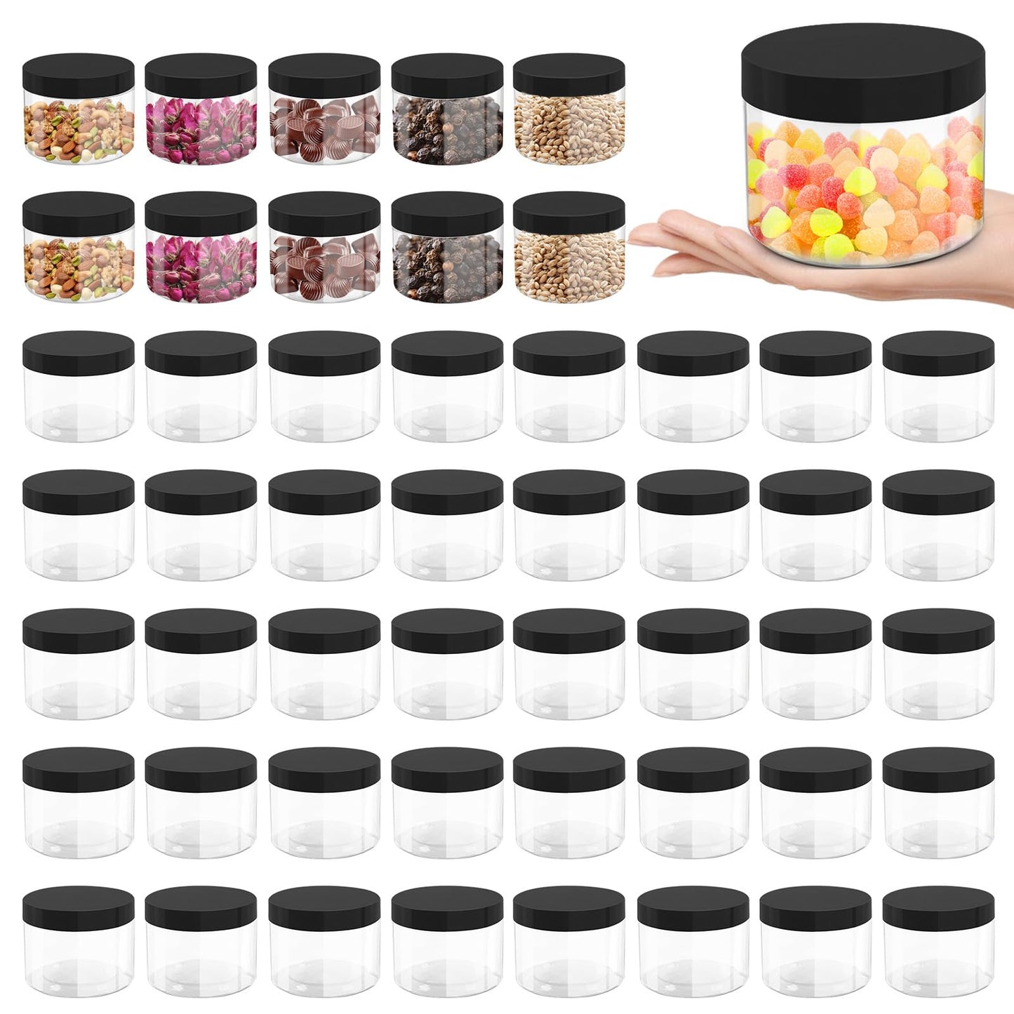 ZISDHNEO 50 Pcs 10 Oz Plastic Jars with Lids Containers Storage Airtight Wide Mouth Food Jar Clear Cylinder Container for Grocery Kitchen Dry Food Butter Honey