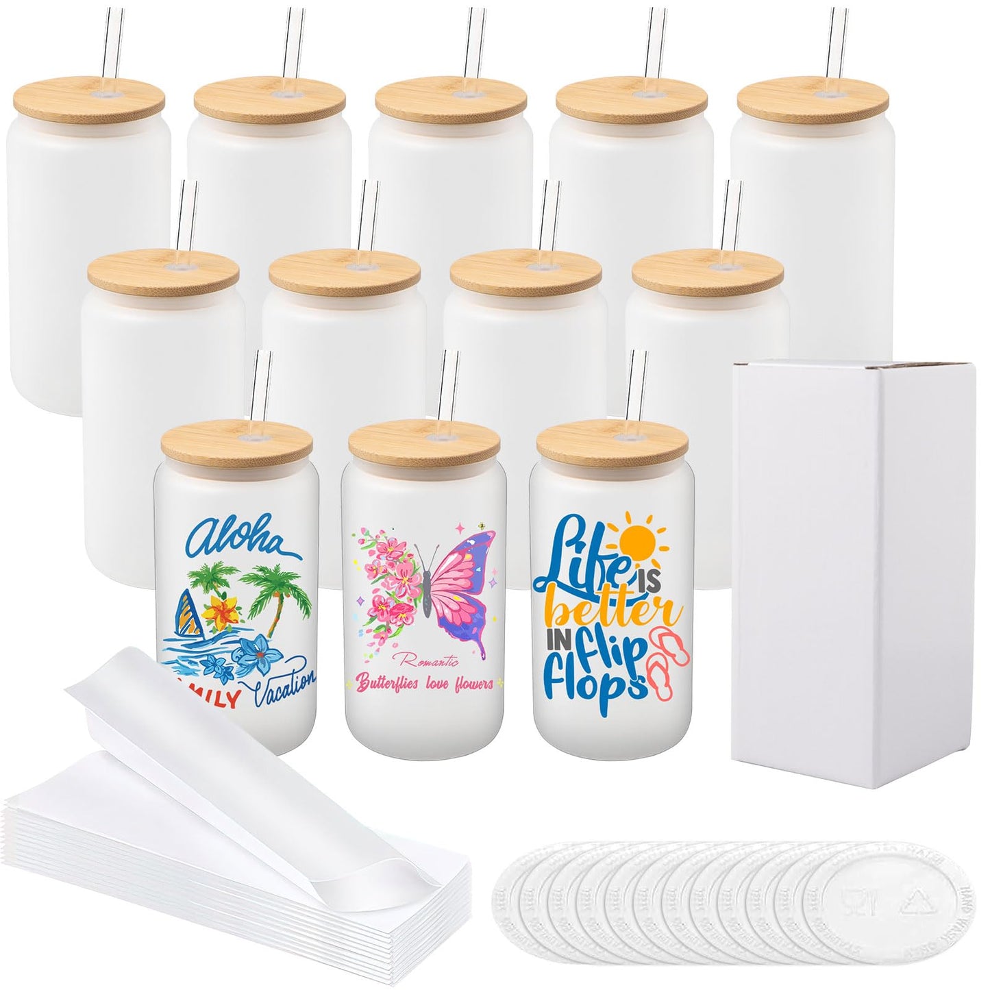 12 Pack Sublimation Glass Cups,16oz Frosted Blank Beer Can with Bamboo Lids & Glass Straw Borosilicate Glasses Tumbler Mason Jar Cups Mug for Beer, Juice, Soda, Iced Coffee, Drinks