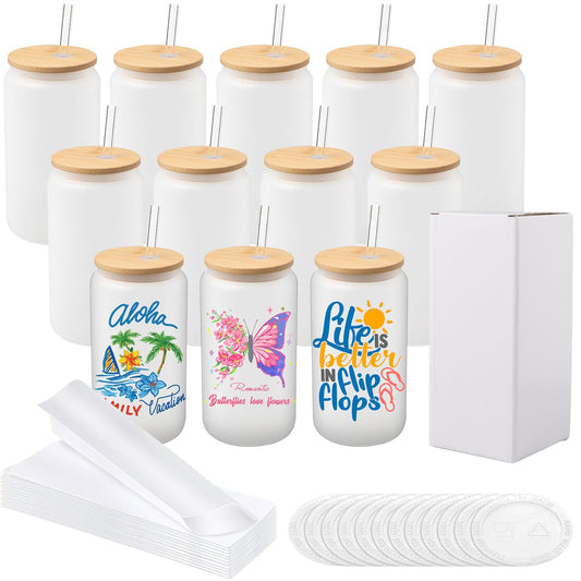 12 Pack Sublimation Glass Cups,16oz Frosted Blank Beer Can with Bamboo Lids & Glass Straw Borosilicate Glasses Tumbler Mason Jar Cups Mug for Beer, Juice, Soda, Iced Coffee, Drinks
