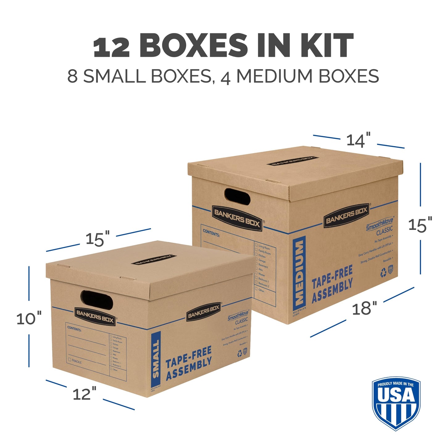 Bankers Box SmoothMove Classic Moving Kit Boxes, Tape-Free Assembly, Easy Carry Handles, 8 Small 4 Medium, 12 Pack(7716403)