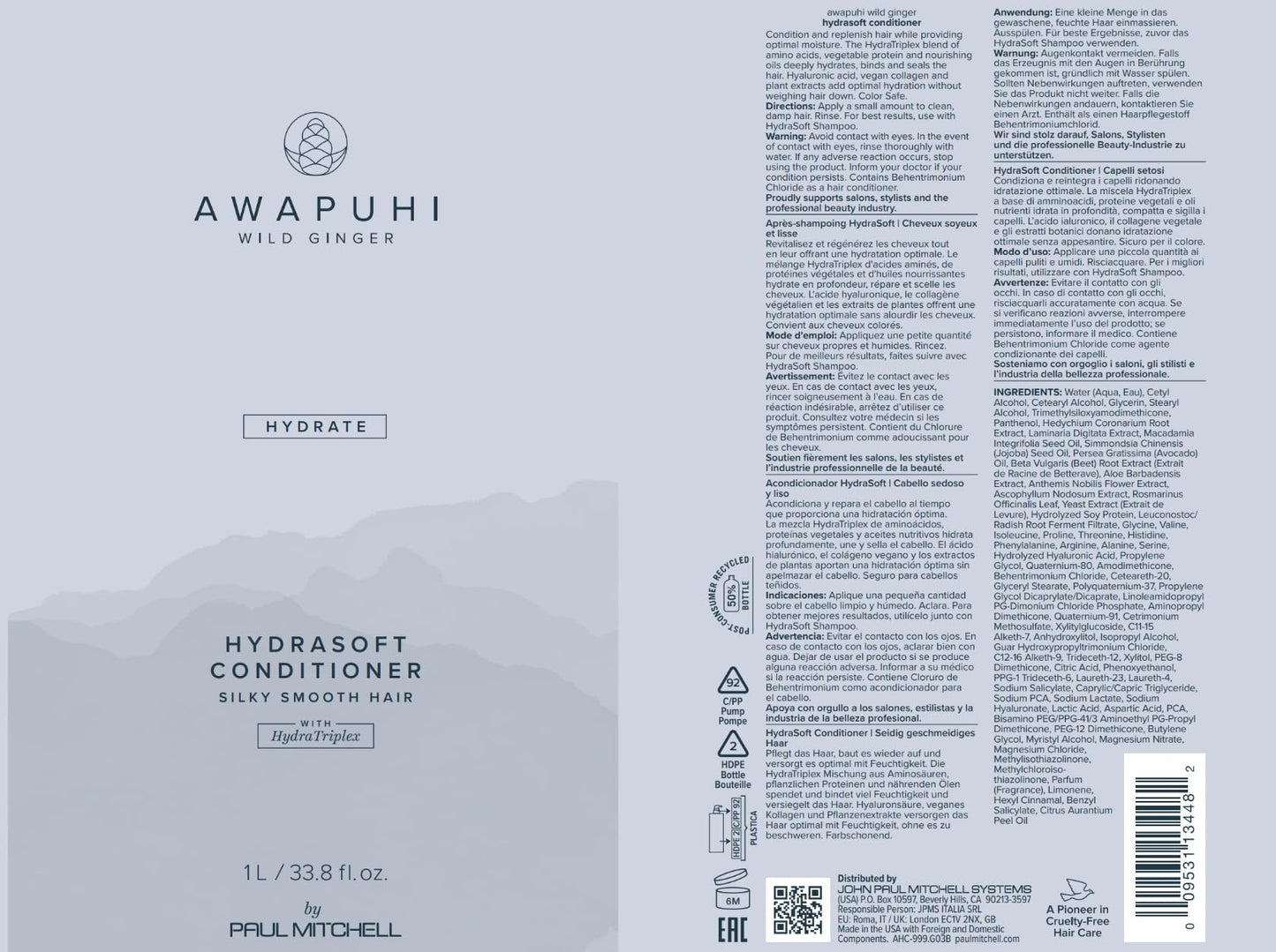 Awapuhi Wild Ginger by Paul Mitchell HydraSoft Conditioner, For Silky Smooth Hair, Ideal For All Hair Types, Especially Dry + Frizzy Hair, 1 L.