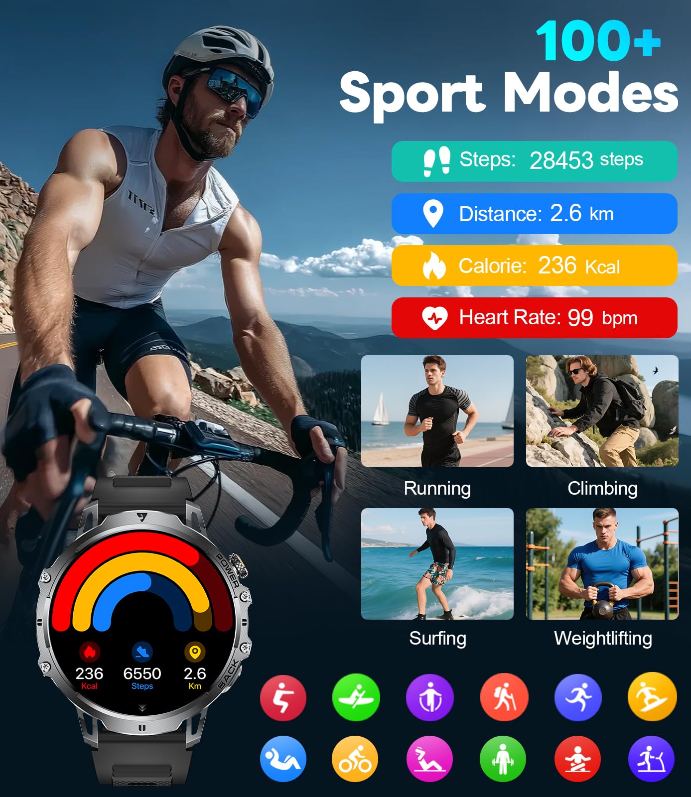 BENYAR SMART Military Smart Watch for Men with 1000mAh Battery, 1,85" HD Large Display Flashlight Fitness Tracker, IP68 Waterproof Smartwatch with Answer/Make Calls, 120 Sports Modes for Android iOS