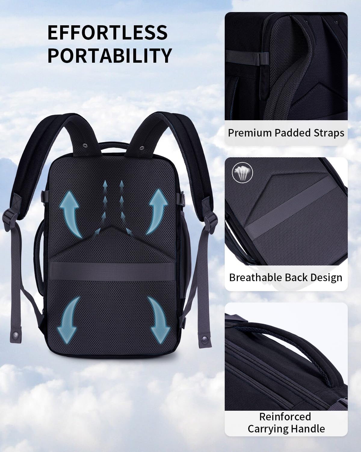 ECOHUB 17" Travel Backpack for Men, 25L Carry on Luggage for Airplanes, Personal Item Bag with 16 Pockets, Water Resistant Rucksacks Fit 15.6" Laptop, Casual Daypack, Black