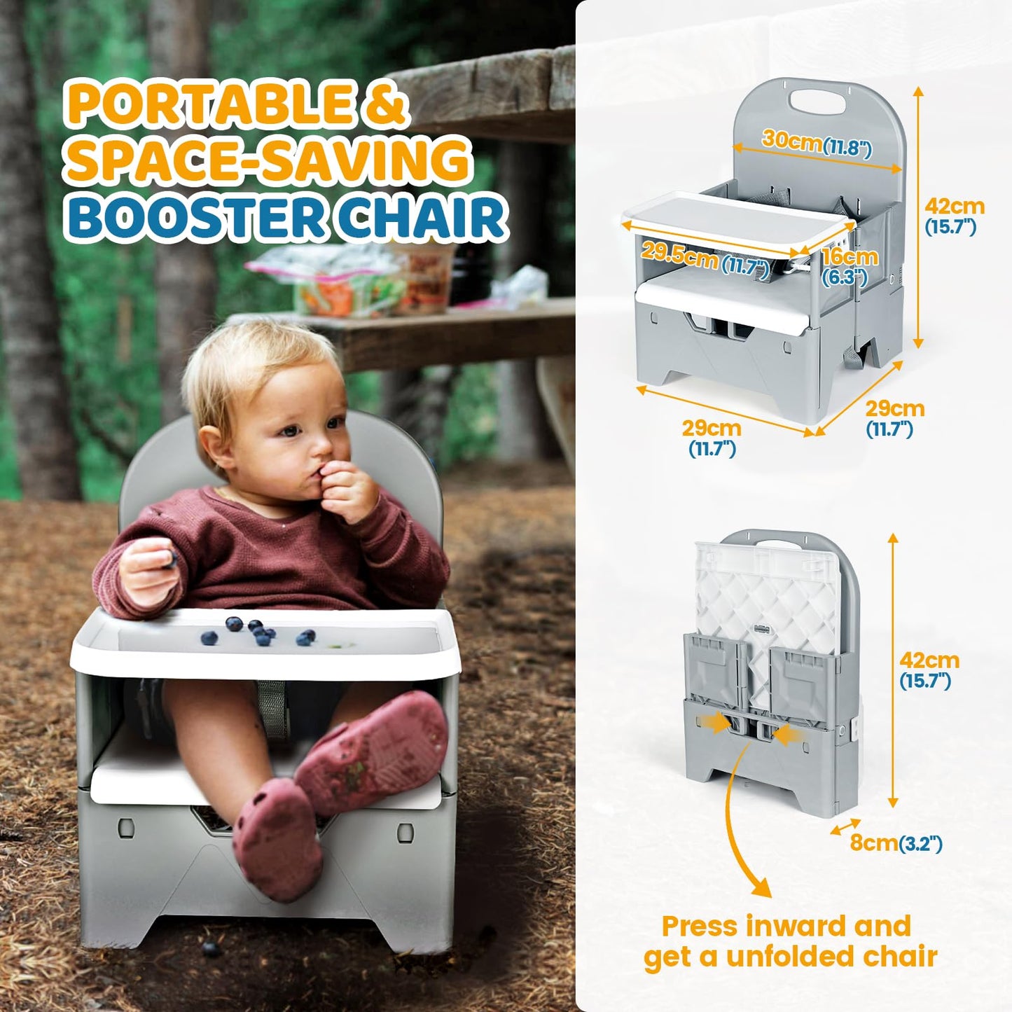 Orzbow Foldable Booster Seat with Dining Tray for Baby, Dining Table, Camping, Beach and Family Visits, Portable Kitchen Booster Chair, Baby Chair for Travel, 6-36 Months Up to 15 kg Toddler, Grey