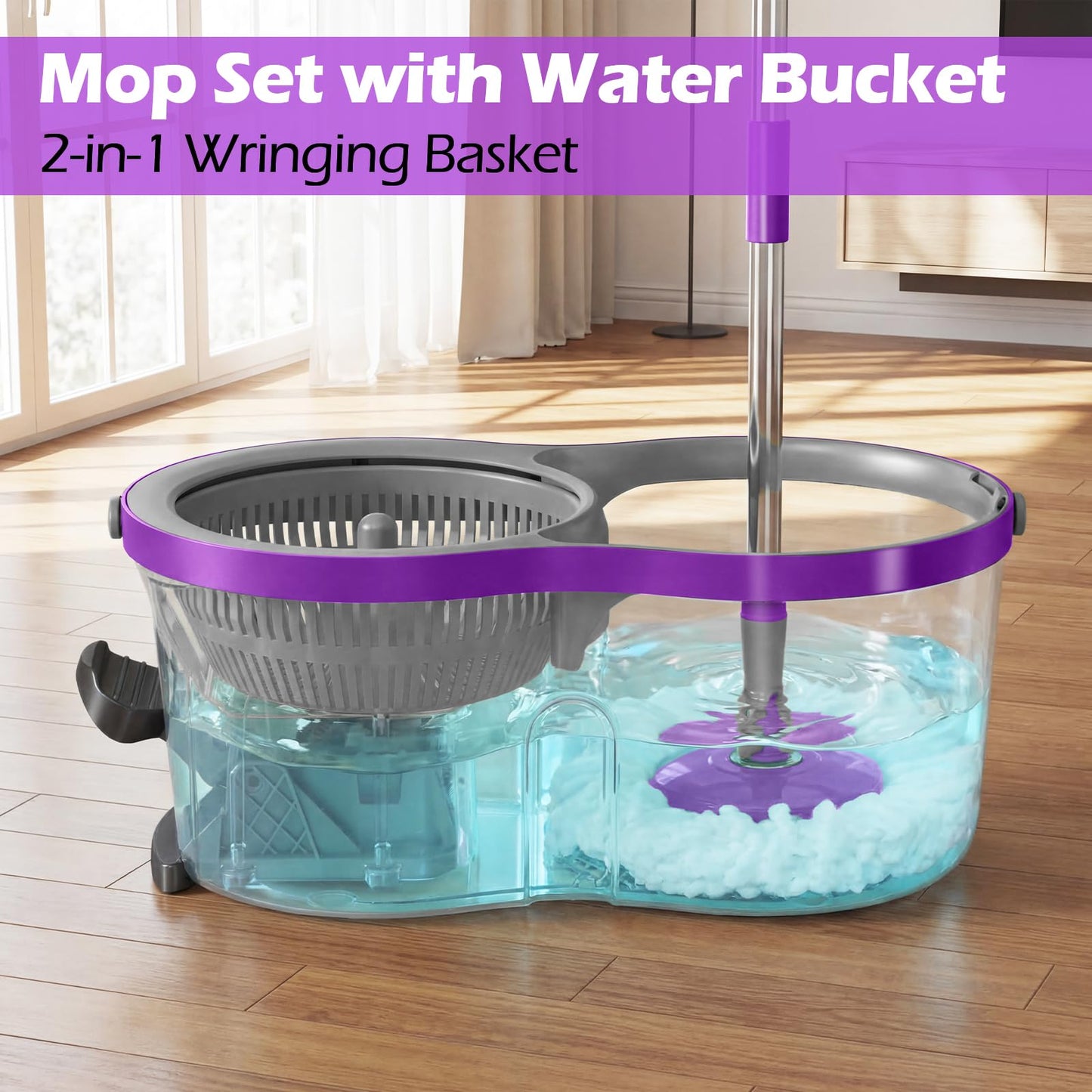 Almcmy Spin Mop and Bucket Set, Mop Bucket with Foot Pedal Wringer System, 3 Reusable Mop Refills, 130cm Long Handle, Easy Wring Magic Mop Floor Cleaning System, Purple