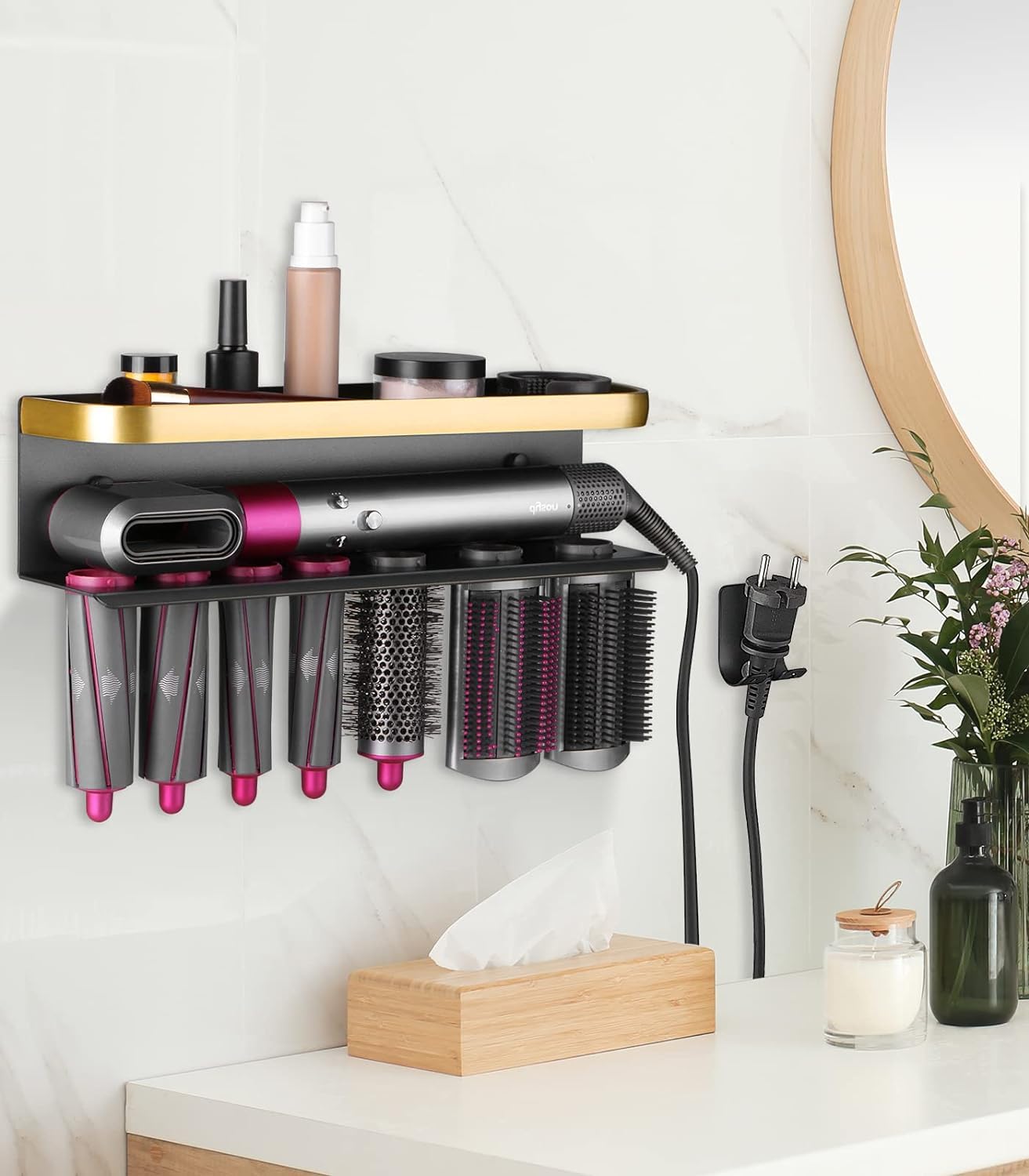 Hair Dryer Holder Wall Mount for Dyson, Hairdryer Holder Station No Drill for Dyson Airwrap Stand Hair Tool Organizer with Adhesive for Bedroom Bathroom (Gold Black,Not Compatible with Dyson HS09)
