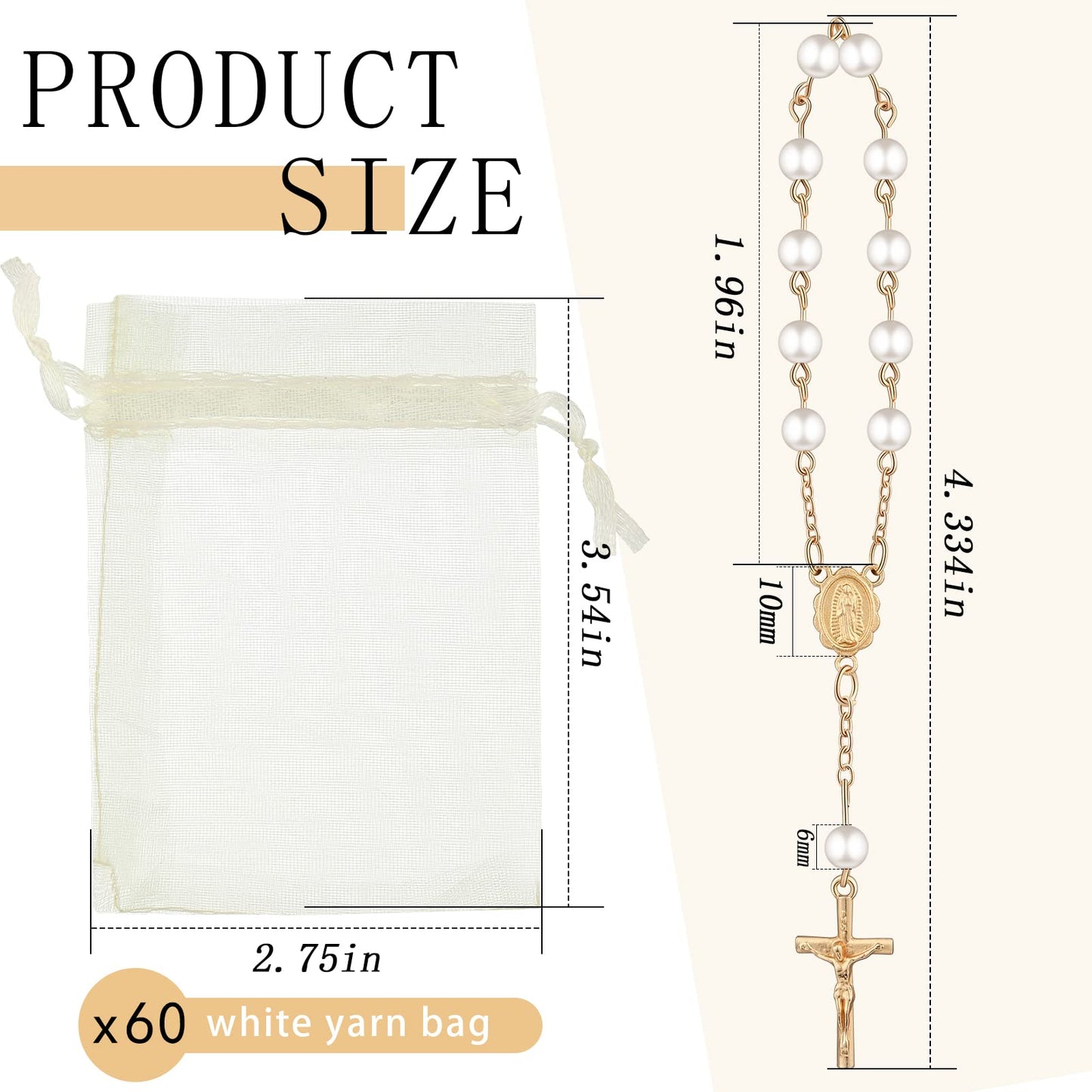 Fumete 60 Pieces Mini Rosary Favors Baptism Favors Acrylic Rosary Beads Finger Baptism Rosaries with Organza Bags for Christening Weddings Party