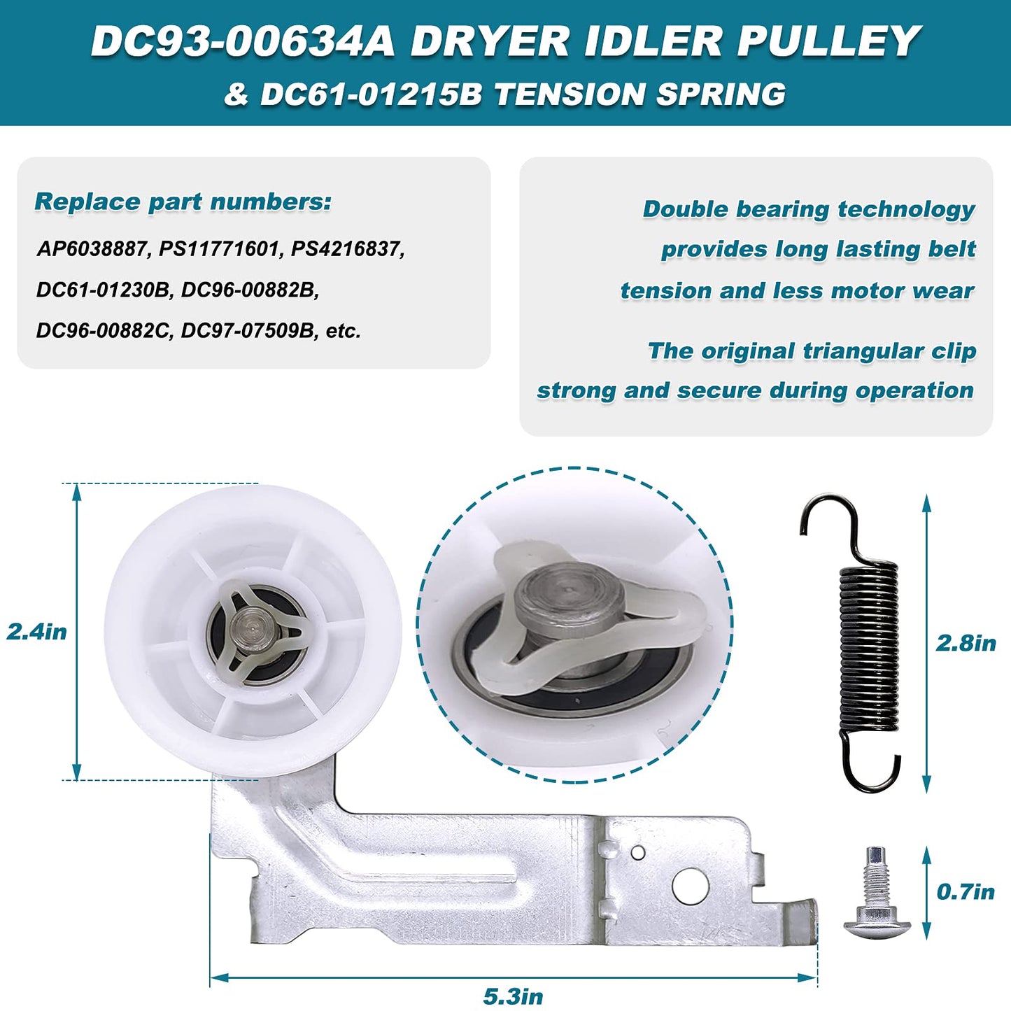 Dryer Repair Kit Replacement for Samsung Includes DC97-16782A Drum Roller, 6602-001655 Tension Belt, DC61-01215B Tension Spring and DC93-00634A Idler Pulley Replace AP5325135, PS4221885, PS4133825