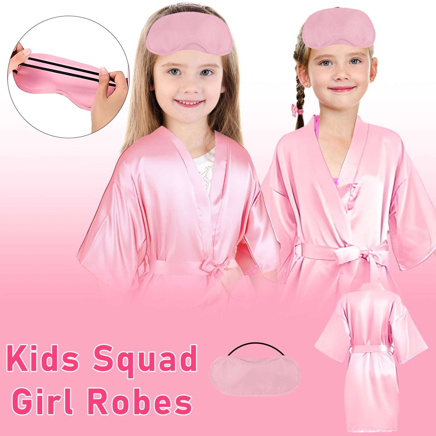 18 Pcs Spa Party Supplies for Girls 6 Satin Kimono Robe 6 Sleeping Eye Mask 6 Disposable Slippers for Flower Girl Kid Salon Pedicure Wedding Birthday Favors Washing Shower (Size 10, Pink)
