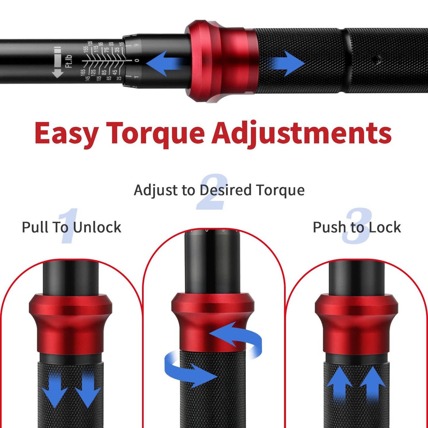 AEROFORCE 1/2-Inch Drive Torque Wrench（15-165 lb.ft / 20.4-224.4 Nm,72 Tooth Dual Direction Reversible Ratchet, Dual Range Scales, Precision Calibrated for Bike, Motorcycle and Car Repair