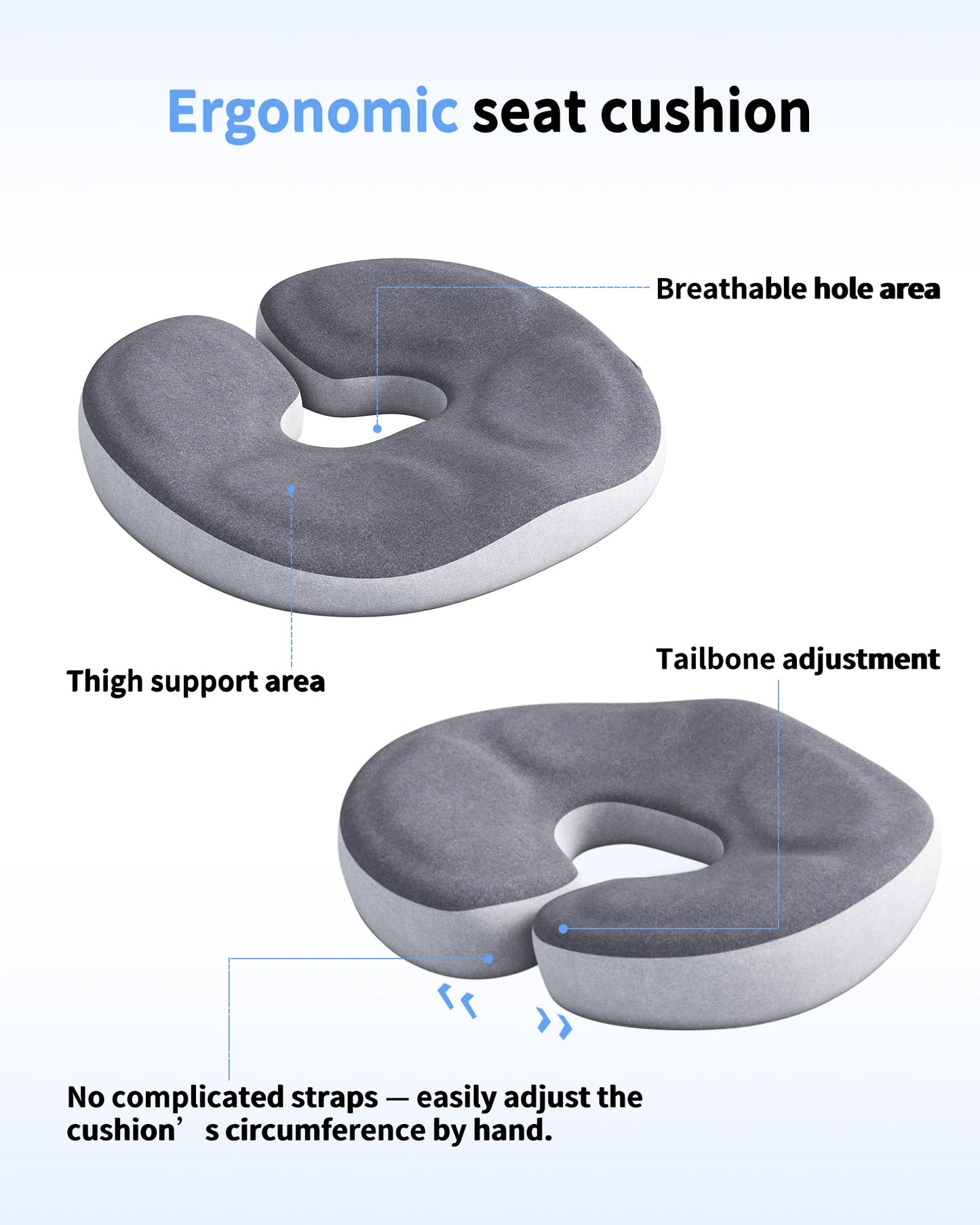 Auoketuo Memory Foam Donut Seat Cushion, Y-Shaped Coccyx Cushion for Tailbone Pressure Relief, Office Chair Cushion, Car Seat Cushion, Wheelchair Seat Cushion, Ergonomic Pillow for Long Sitting (Grey)