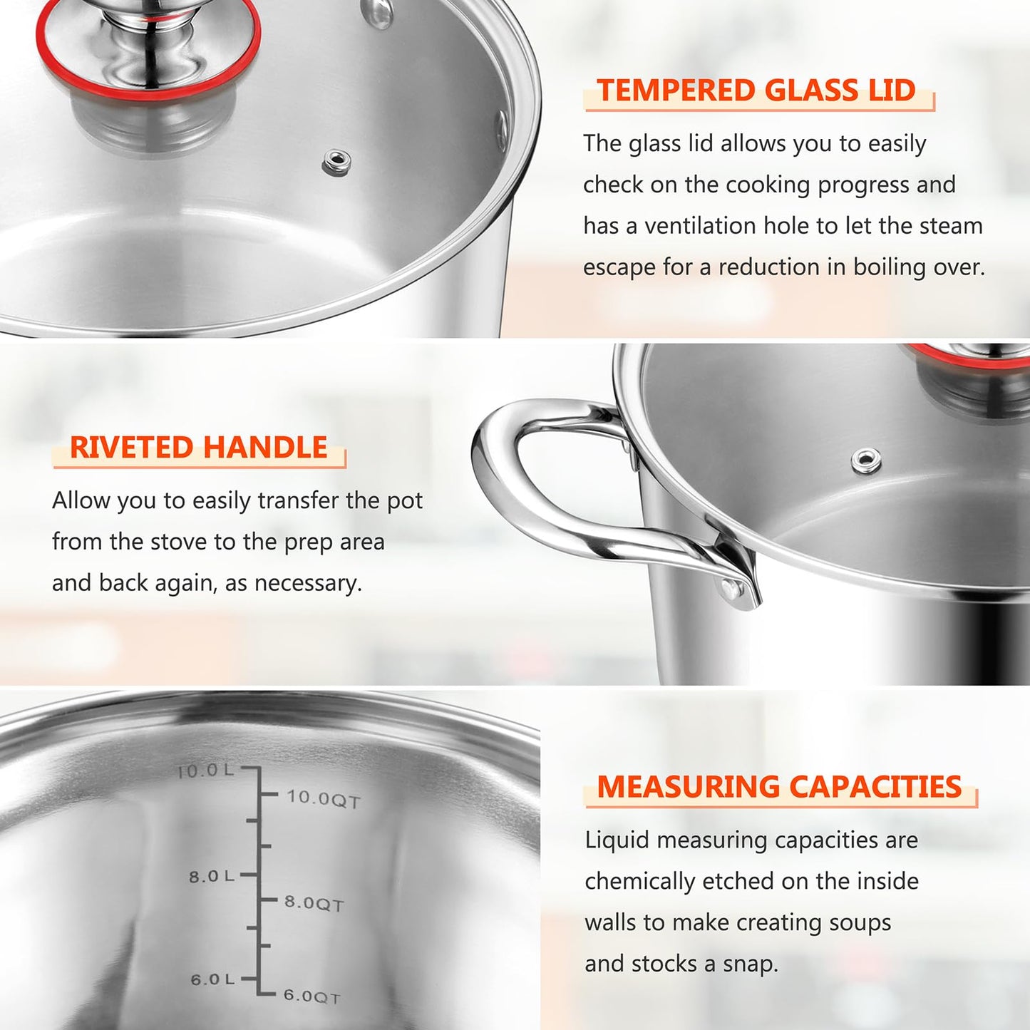 E-far 12-Quart Stock Pot, 18/10 Stainless Steel Stockpot with Lid for Cooking Simmering Soup Stew, Heavy Duty Cookware Works w/Induction, Non-Toxic & Corrosion Resistant, Dishwasher Safe
