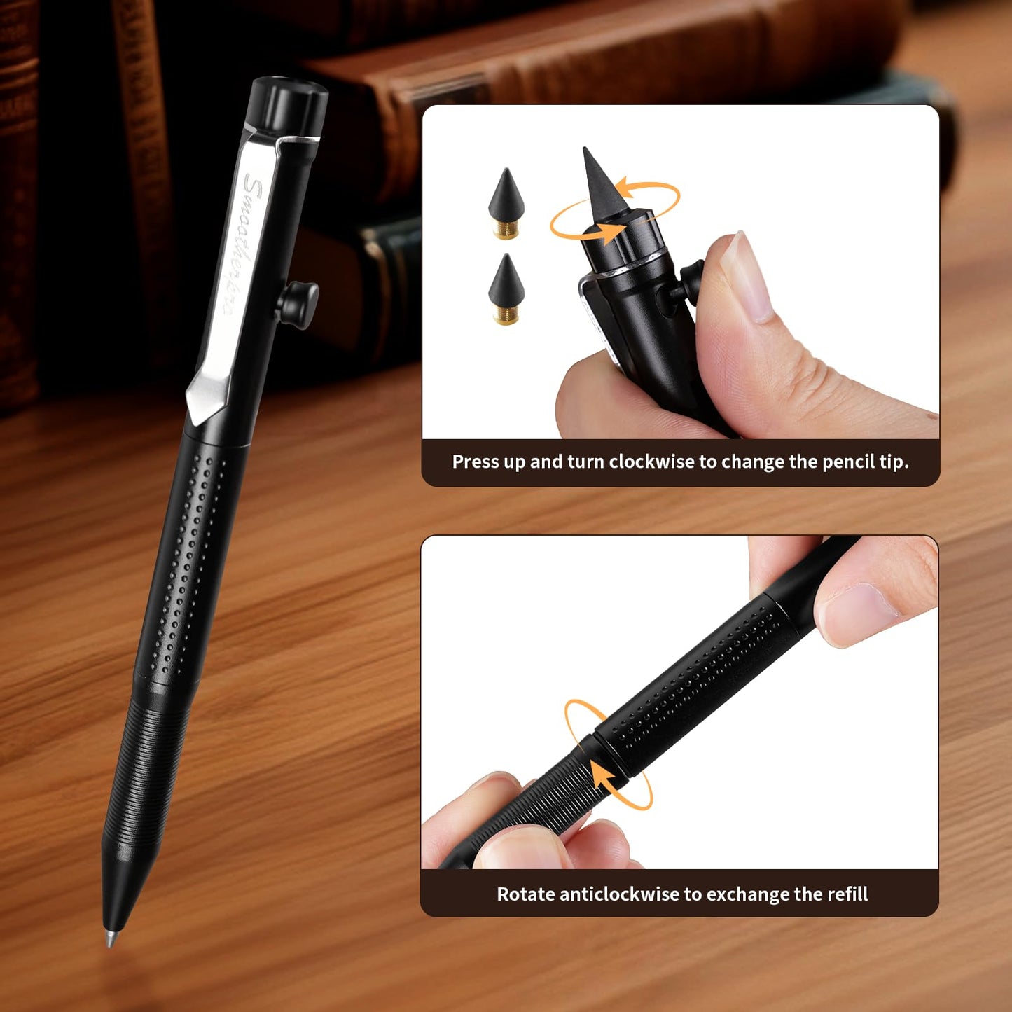 SMOOTHERPRO Bolt Action Aluminum Pen, Ballpoint and Pencil in One with Graphite Alloy Tip, Retractable Twist Design, Compatible with Parker Refill, for Office Sketching Journaling Orange(APG04)