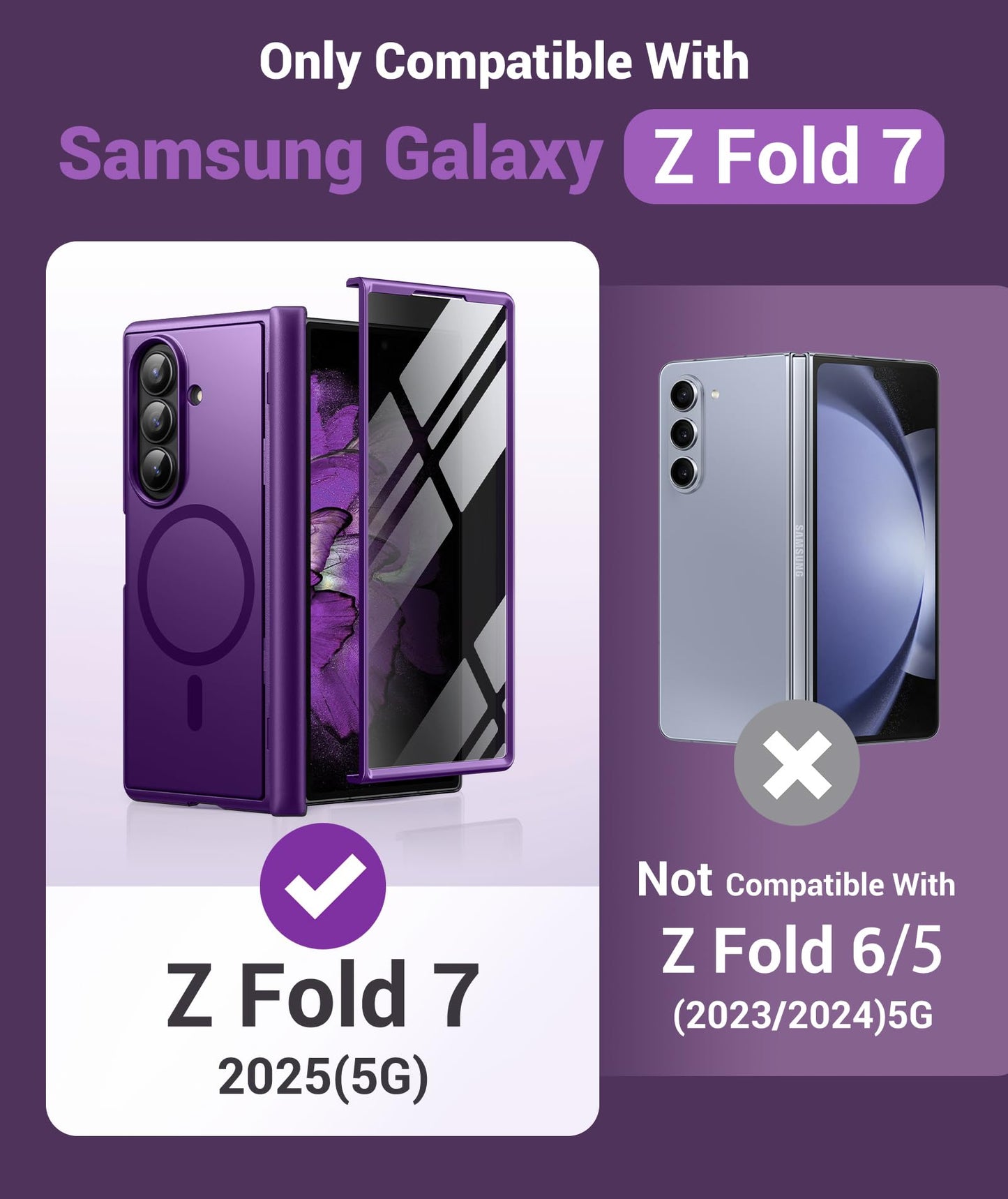 BERFY Magnetic for Samsung Galaxy Z Fold 7 Case with Privacy Screen Protector, [Compatible with MagSafe][Anti Spy] Built-in Hidden Kickstand, Full-Body Shockproof Slim Phone Case for Z Fold 7, Purple