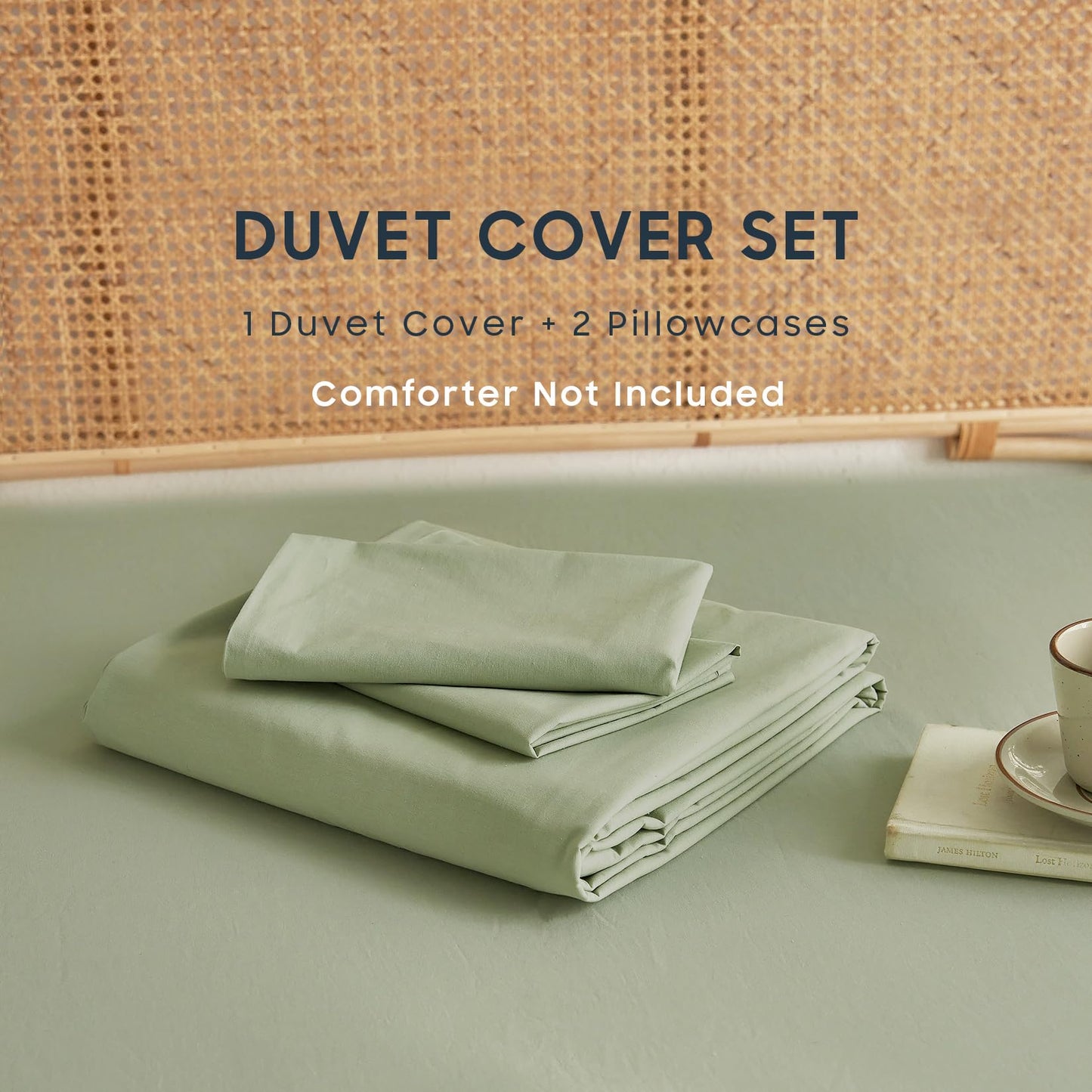 Wake In Cloud - Sage Green Cotton Duvet Cover Set, Queen Size, 100% Washed Cotton Plain Solid Color, Linen Like Textured, Breathable Durable Farmhouse Neutral Bedding Set, 3 Pieces