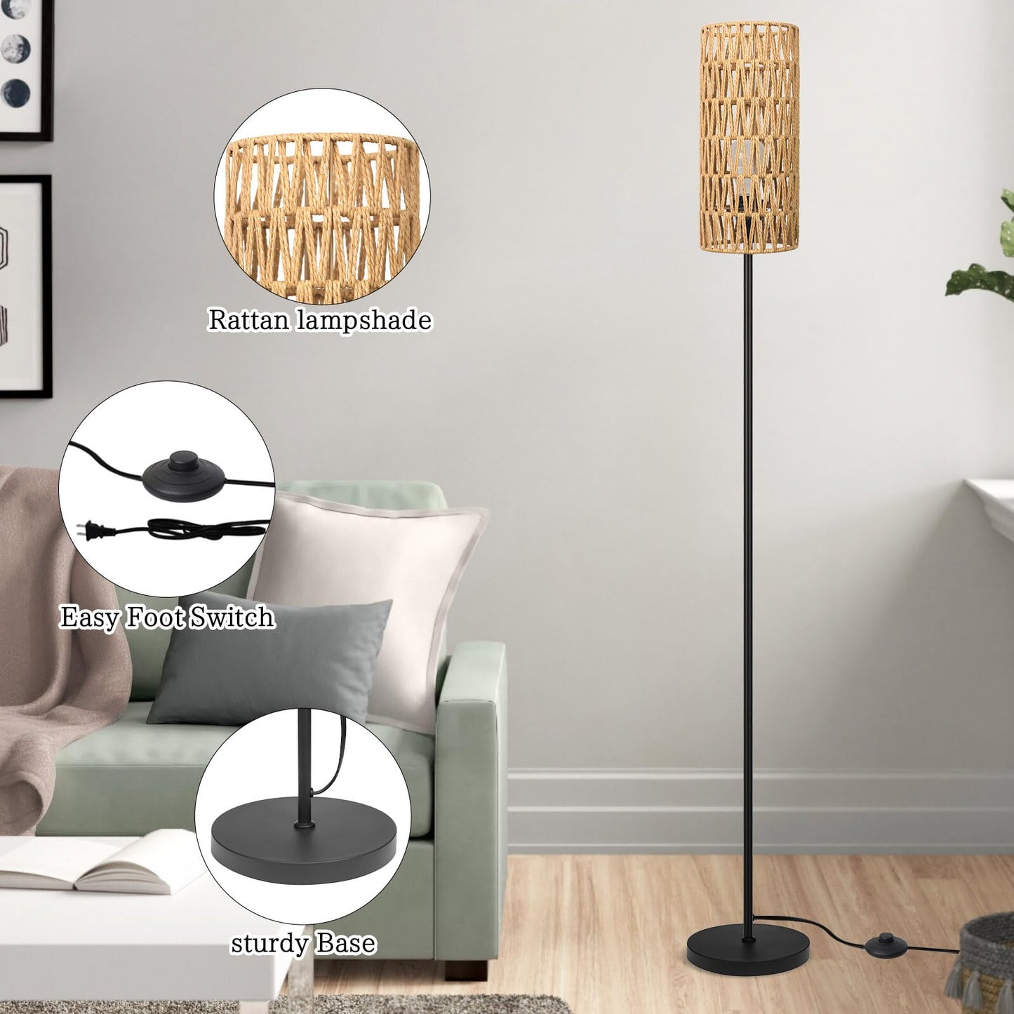 Floor Lamp for Living Room,Farmhouse Rattan Floor lamp,Modern Standing lamp with Hand-Worked Rattan Shade,Black Tall Lamp with Foot Switch
