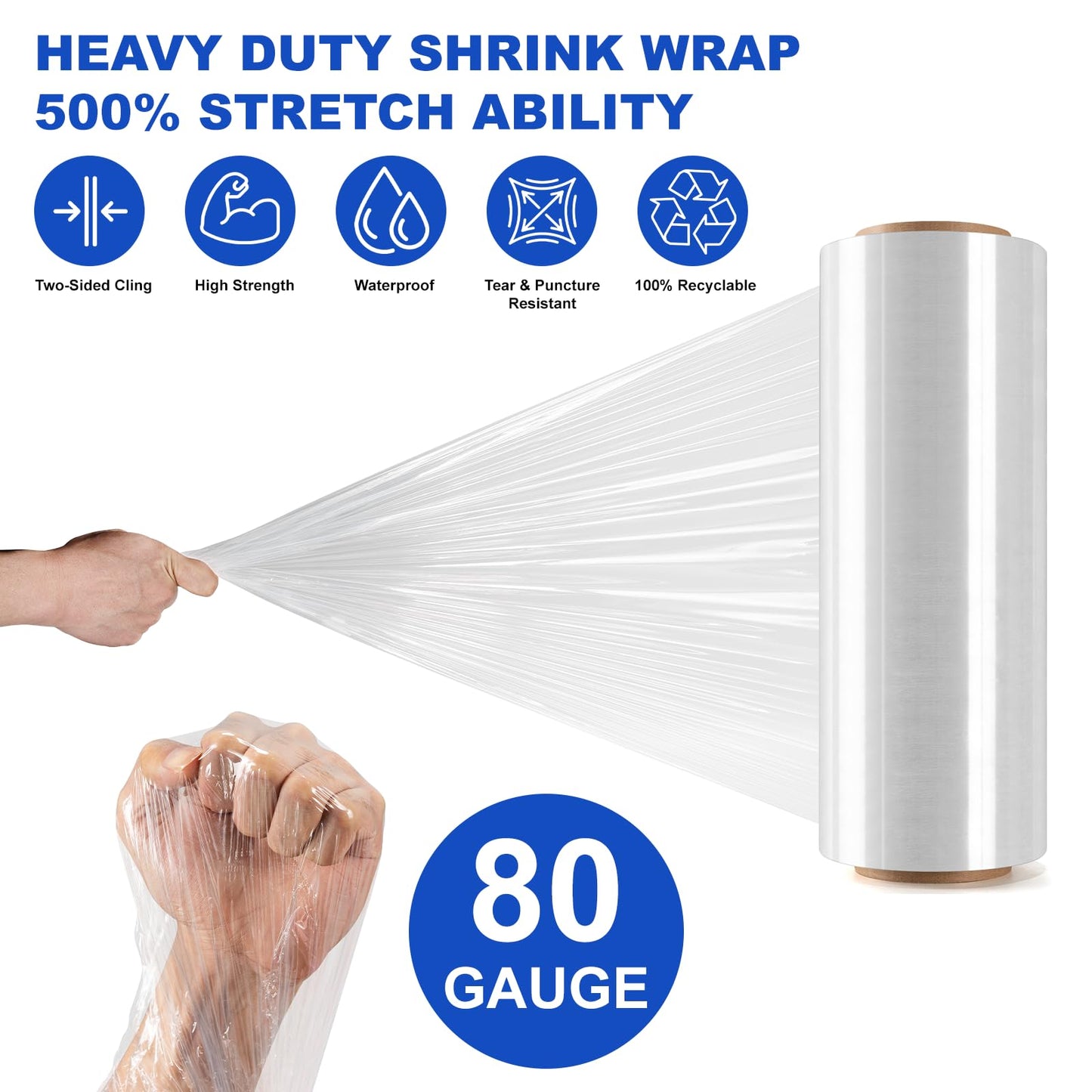 Ealyder Tape 2 Rolls Clear Stretch Wrap 12" x 1000 FT x 80 Gauge, Industrial Heavy Duty Stretch Wrap Shrink Film, Durable Self-Adhering for Packing, Moving, Pallet, Included Wrap Holder