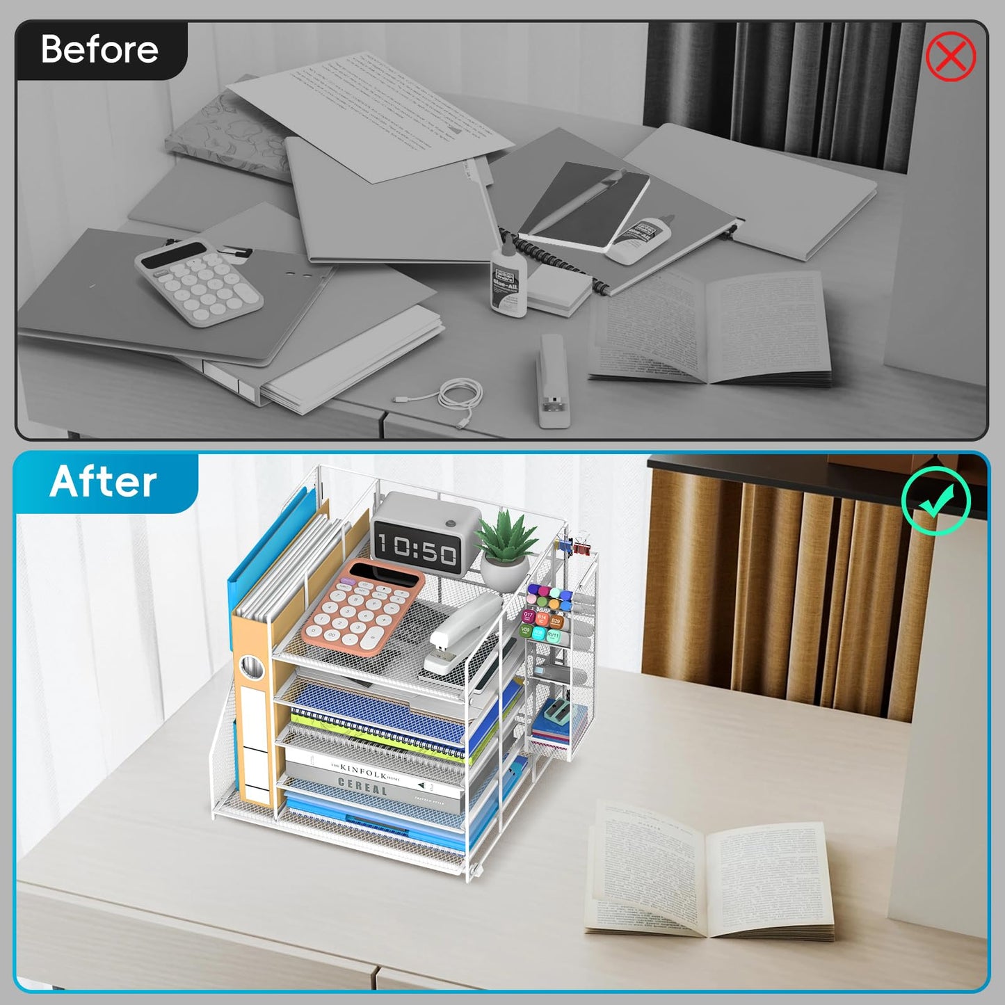 SUPEASY Desk Organizer with File Holder, 5-Tier Paper Letter Tray with Pen Holder, Desktop Organization and Storage for Office Supplies, Metal Mesh, White