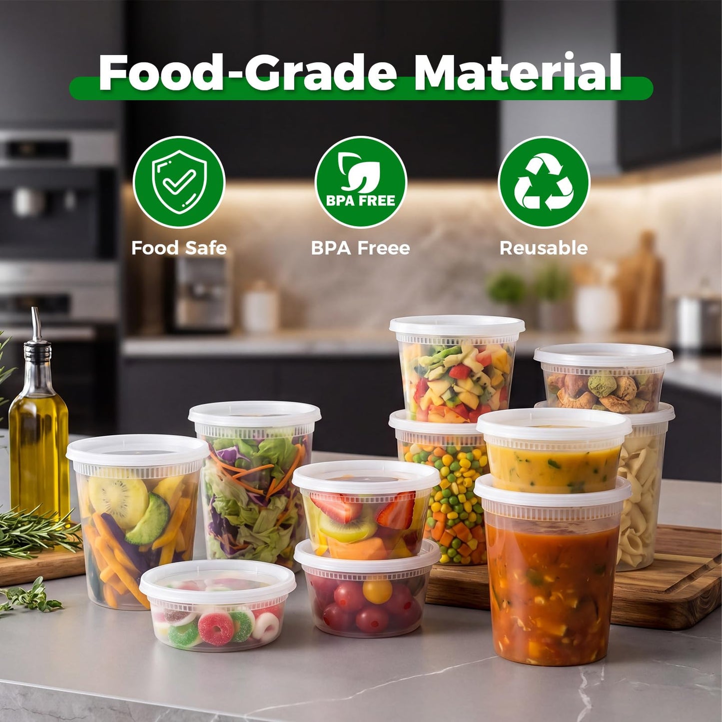 Deli Containers with Lids 48 Sets [8,16, 32 oz 16 Each ] - Food Storage Containers with Lids Freezer Safe, Soup Containers for Restaurant, BPA Free | Portion Control | Leakproof | Microwave