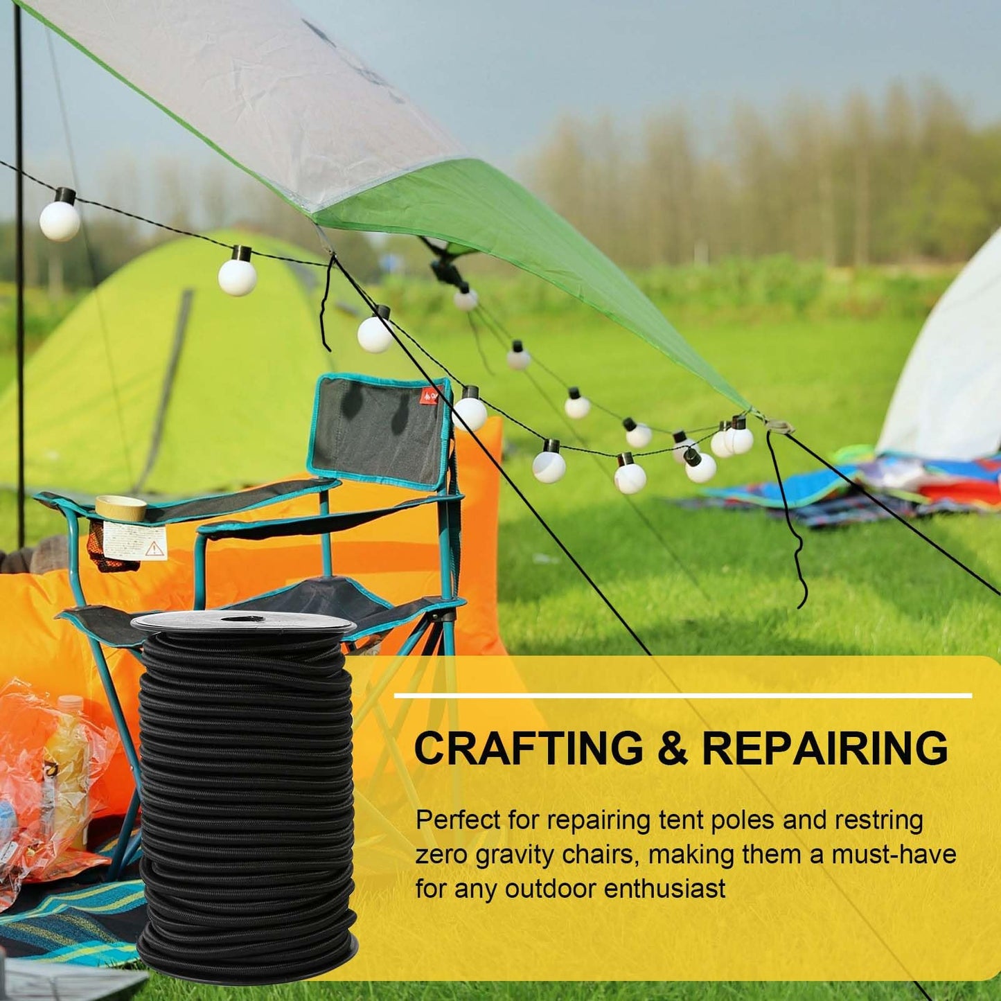 Zakous Strong and Durable Bungee Cord Roll - 1/4" x 100ft Elastic Cord, Kayak Stretch String Rope, Bungee Shock Cords for Repairing Tent Poles, DIY, Tie Downs, Black