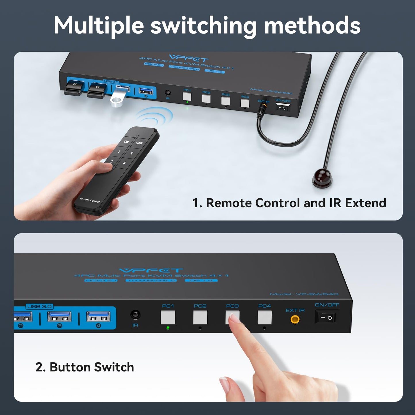 AILVLVNG 4K144Hz KVM Switch 4 Computers 1 Monitor USB3.0 DisplayPort+2HDMI+USB C KVM Switches 4 Ports for 4 Computers Share 1 Monitor and Keyboard Mouse etc. with Wireless Controller