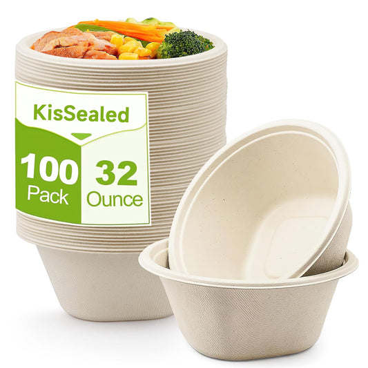 100 Pack Disposable Paper Bowls, 32 oz Heavy Duty Compostable Bowls, Party Serving Bowl Dish Container for Salad, Dessert and Hot Soup,Brown (32 oz)