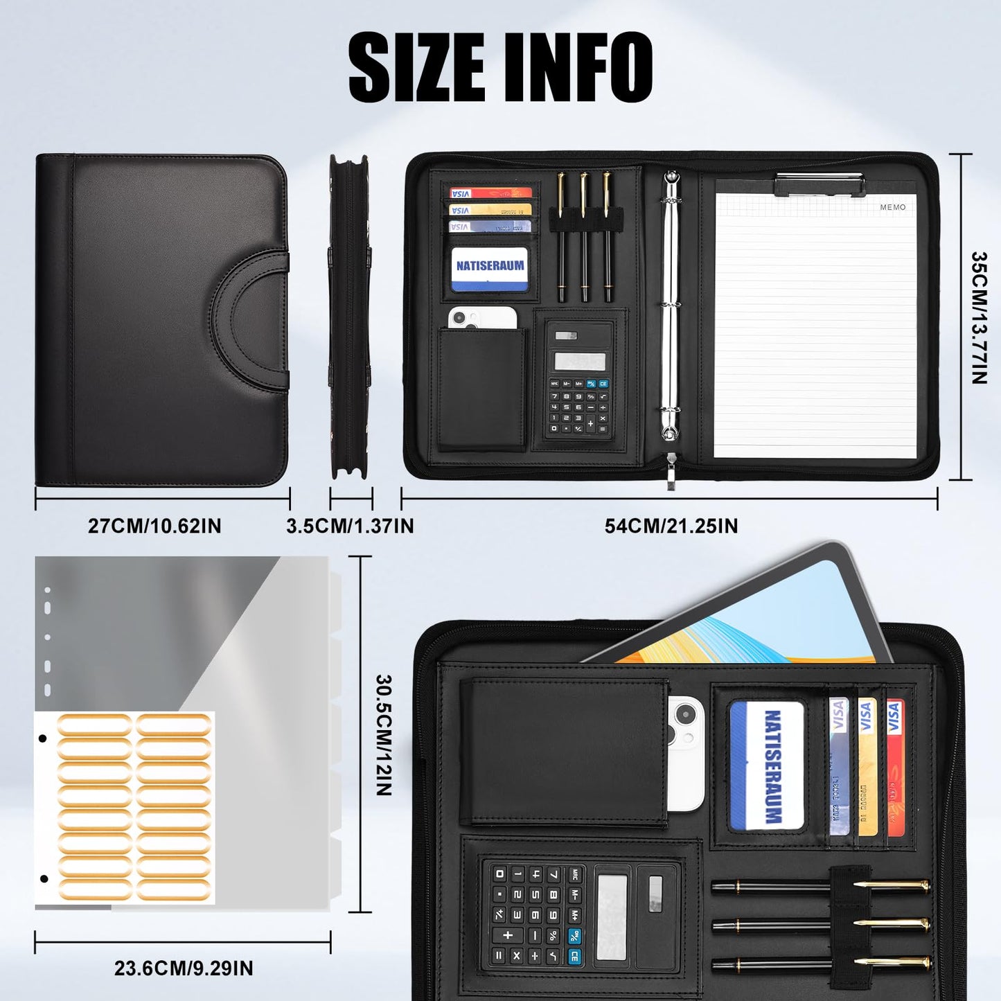 NATISERAUM Portfolio Organizer - 3 Ring Binder with Zipper, Vegan Leather Business Padfolio Folder with Notepad Includes 5 Clear Sheet Protectors for Documents Files for Men Women