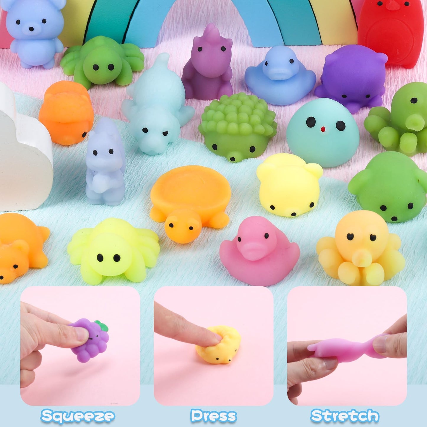 ASONA 200 Pcs Mochi Squeeze Animal Toys (Random) Kawaii Squeeeze Toy Set for Kids, Mini Soft Stress Relief Toys for Gifts Birthday Party Favors, Classroom Prize, Pinata Loot Goodie Bag Fillers