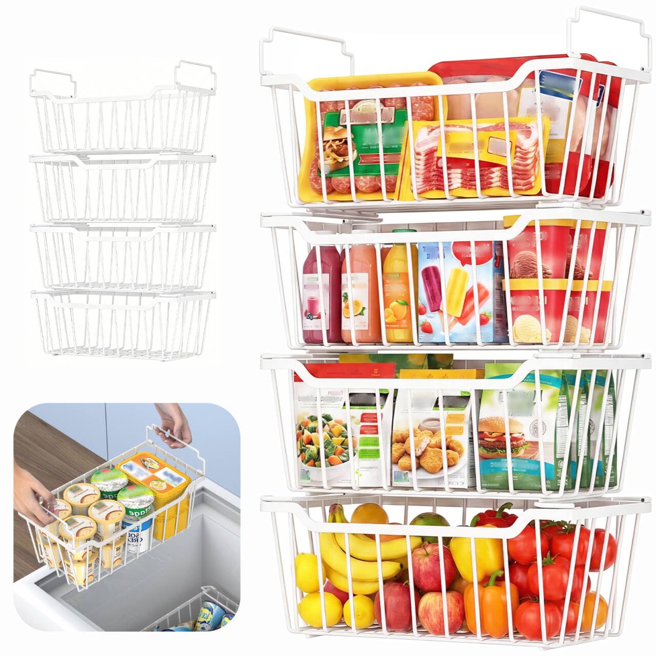 Goovilla Freezer Organizer Bins with Foldable Handle, 8 Pack Stackable Freezer Baskets for 3.5-7 Cu.FT Deep Chest Freezer Organization, White Metal Freezer Storage Bins with Better Space Utilization