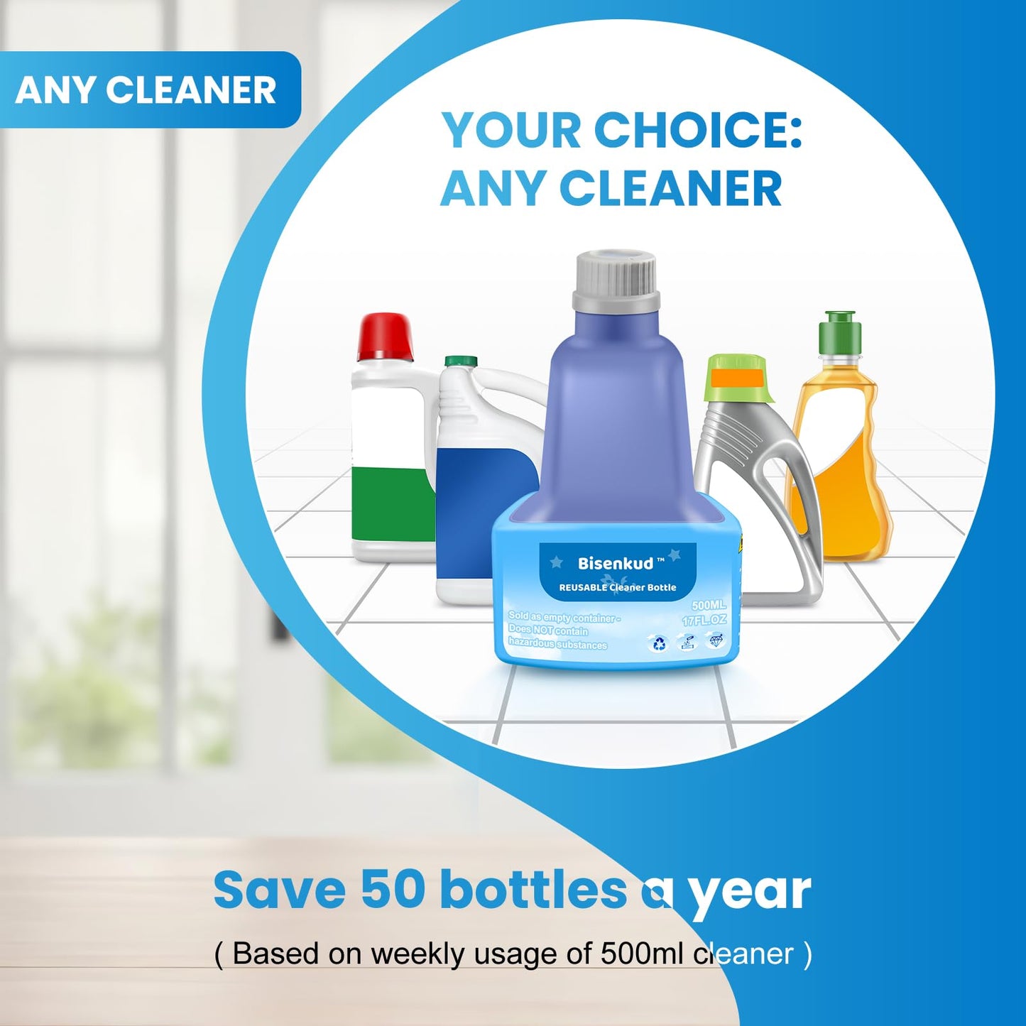 Bisenkud 2 Pack Refillable Bottle for Swiffer Wet Jet Mop - 500ml /17 FL OZ - Leak-Proof HDPE Solution Bottle, Empty，Not for Power mop
