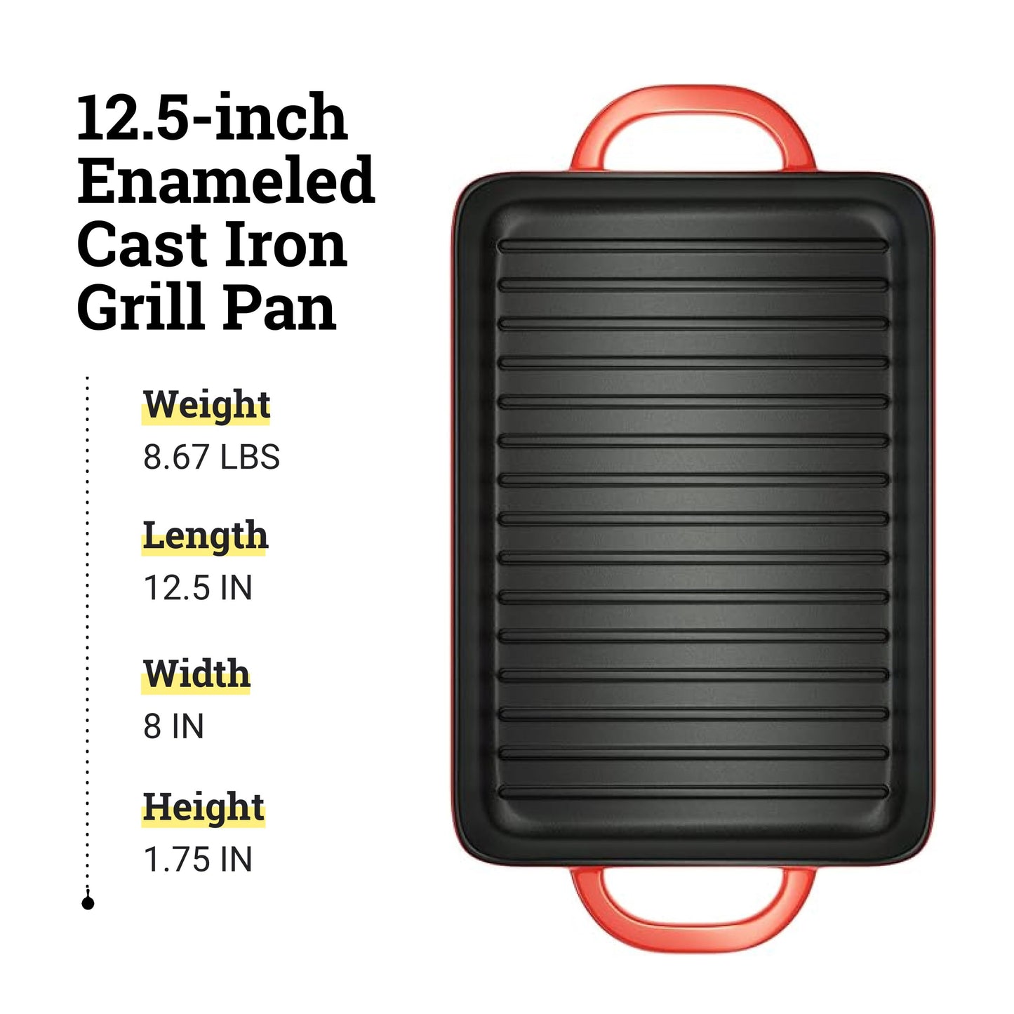 Lodge 12.5 x 8 Inch Enamel Cast Iron Grill Pan - Dual Assist Handles - Use in The Oven, on The Stove, on The Grill, or Over a Campfire - Red