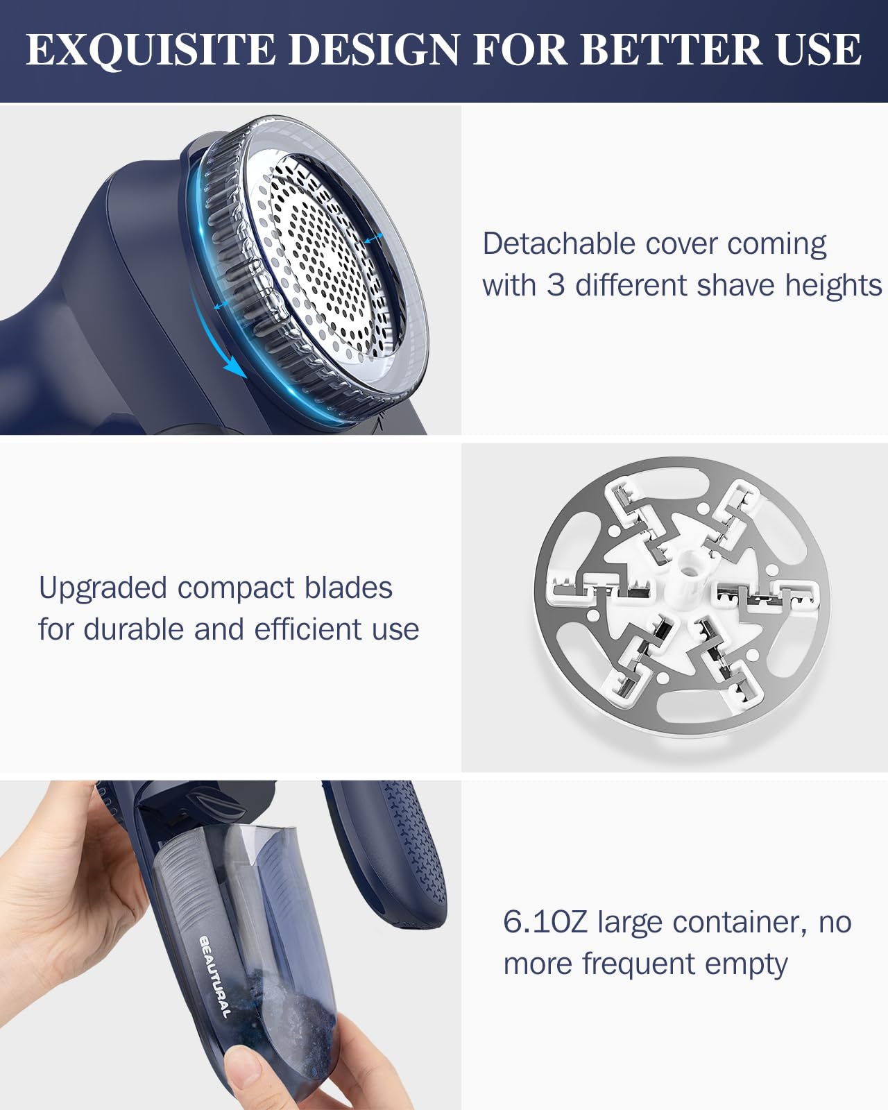 BEAUTURAL Fabric Shaver and Lint Remover Home-Edition, Powerful & Efficient Sweater Defuzzer with 2-Speeds for Clothes and Furniture, AC Adapter or Battery Powered Pill Fuzz Remover