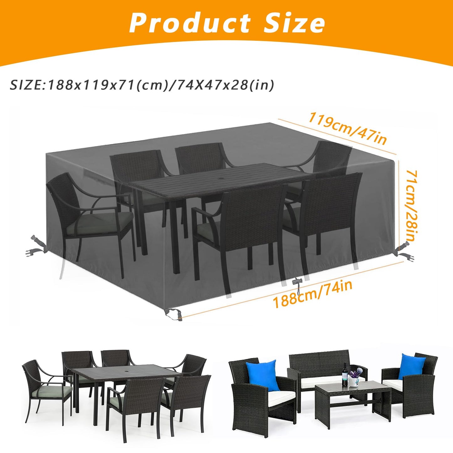 KALINCO Patio Furniture Covers, 600D Heavy Duty Outdoor Furniture Cover, Waterproof Patio Table Cover, Outdoor Sectional Sofa Set Covers (74" L x 47" W x 28" H)