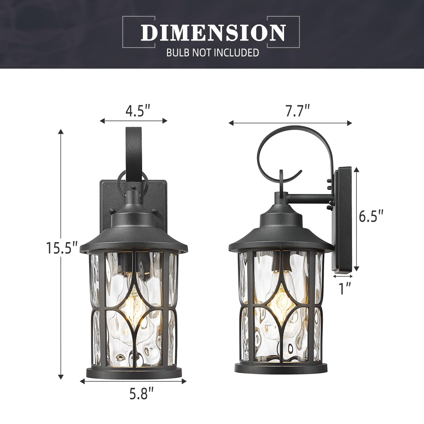 zeyu Wall Mounted Lantern Light, 15.5 Inch Outdoor Wall Light Fixtures for House in Black Finish, Die-Cast Aluminum with Water Ripple Glass, ZX111B BK-WG