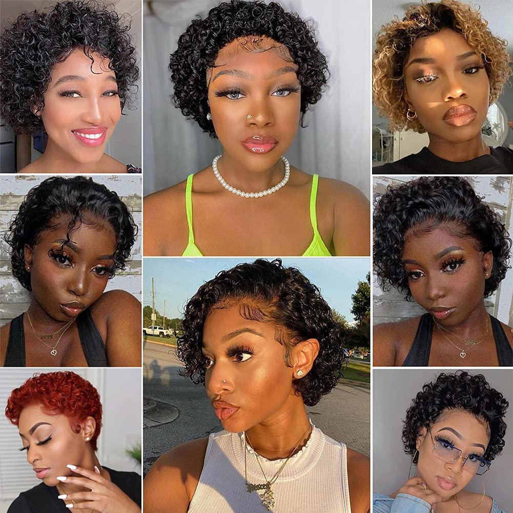Fereowth Short Curly Lace Front Wigs Human Hair Wigs for Black Women Pixie Cut Wigs Human Hair Short Curly Human Hair Wigs Pre Plucked with Baby Hair 150% Density Natural Black