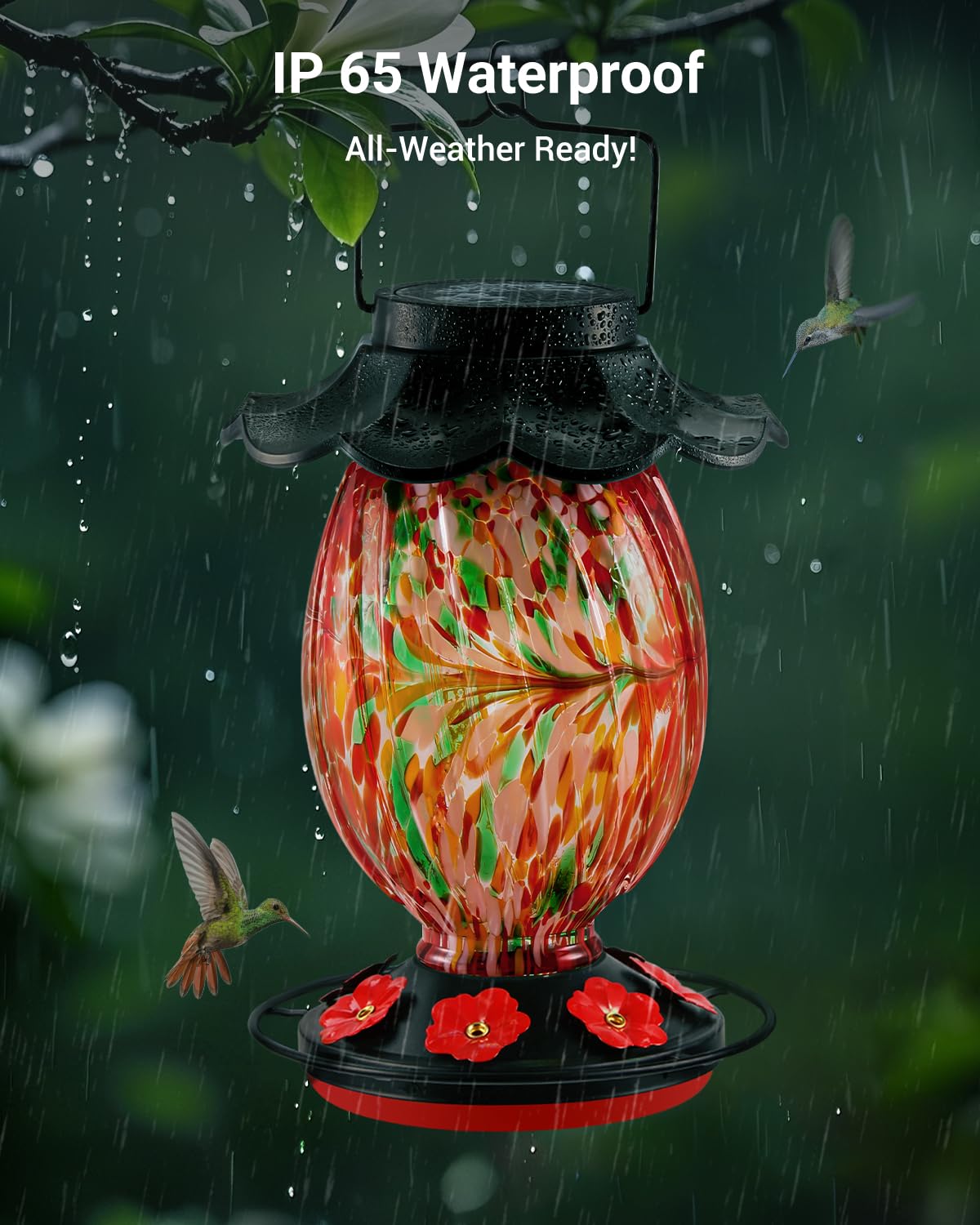 HouseSapp Solar Hummingbird Feeder - 49 fl.oz Hand Blown Glass Color Changing - 7 Feeding Ports with Perch - Never Leak - Perfect Hummingbird Feeder for Outdoors Hanging (Red)
