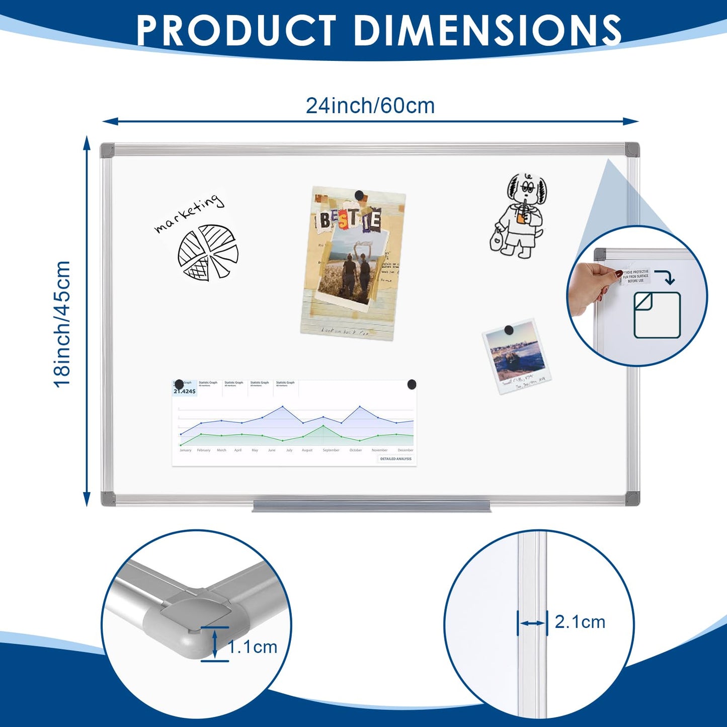 SWANCROWN Magnetic Whiteboard 24x18 inches,Dry Erase White Board for Wall 60x45cm