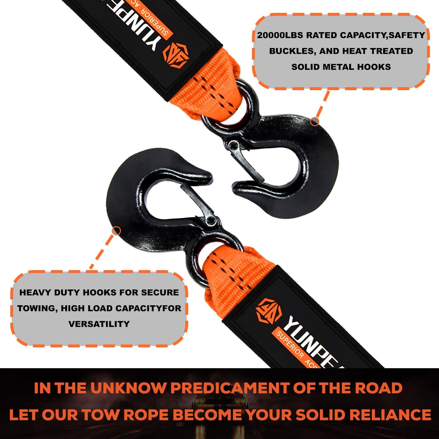 YUNPEAK Tow Strap with Hooks, 2" x 20ft (20,000lbs) Heavy Duty Emergency Recovery Towing Strap with Forged Steel Hooks, Car Tow Strap for UTV, ATV, Truck (Orange)